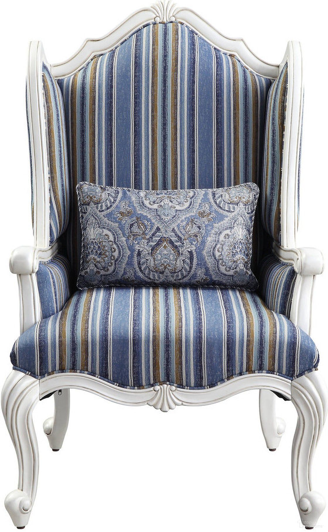 The appearance of 31 Inch Fabric Striped Wingback Chair and Toss Pillow In Blue and White designed by Homeroots in the traditional interior design. This blue and white piece of furniture was selected by 1StopBedrooms from to add a touch of cosiness and style into your home. Sku: 491130. Material: Fabric.