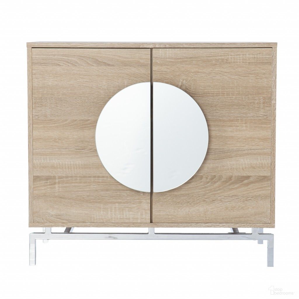 32 Inch Mirrored Circle Double Door Bar Cabinet In Natural and Chrome