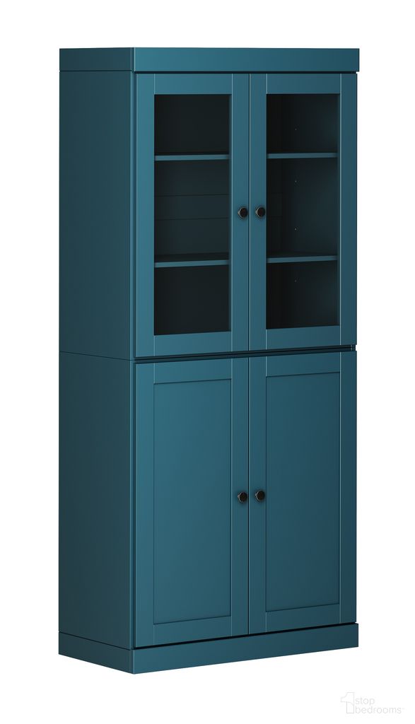 32 Inch Pantry Cabinet with Clear Glass and Shaker Doors In Teal Blue