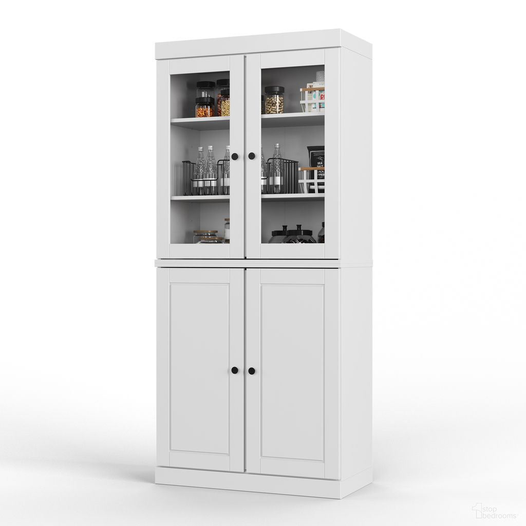 The appearance of 32 Inch Pantry Cabinet with Clear Glass Doors and 2-Drawers In White designed by Palace Imports in the modern / contemporary interior design. This white piece of furniture  was selected by 1StopBedrooms from  to add a touch of cosiness and style into your home. Sku: 9461. Material: Solid Pine Wood.
