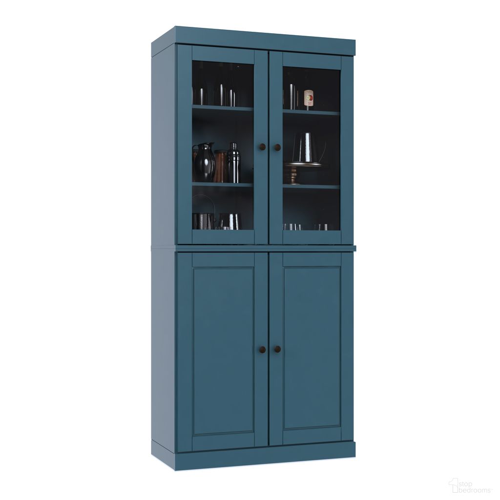 32 Inch Pantry Cabinet with Raised Panel and Clear Glass Doors In Teal Blue