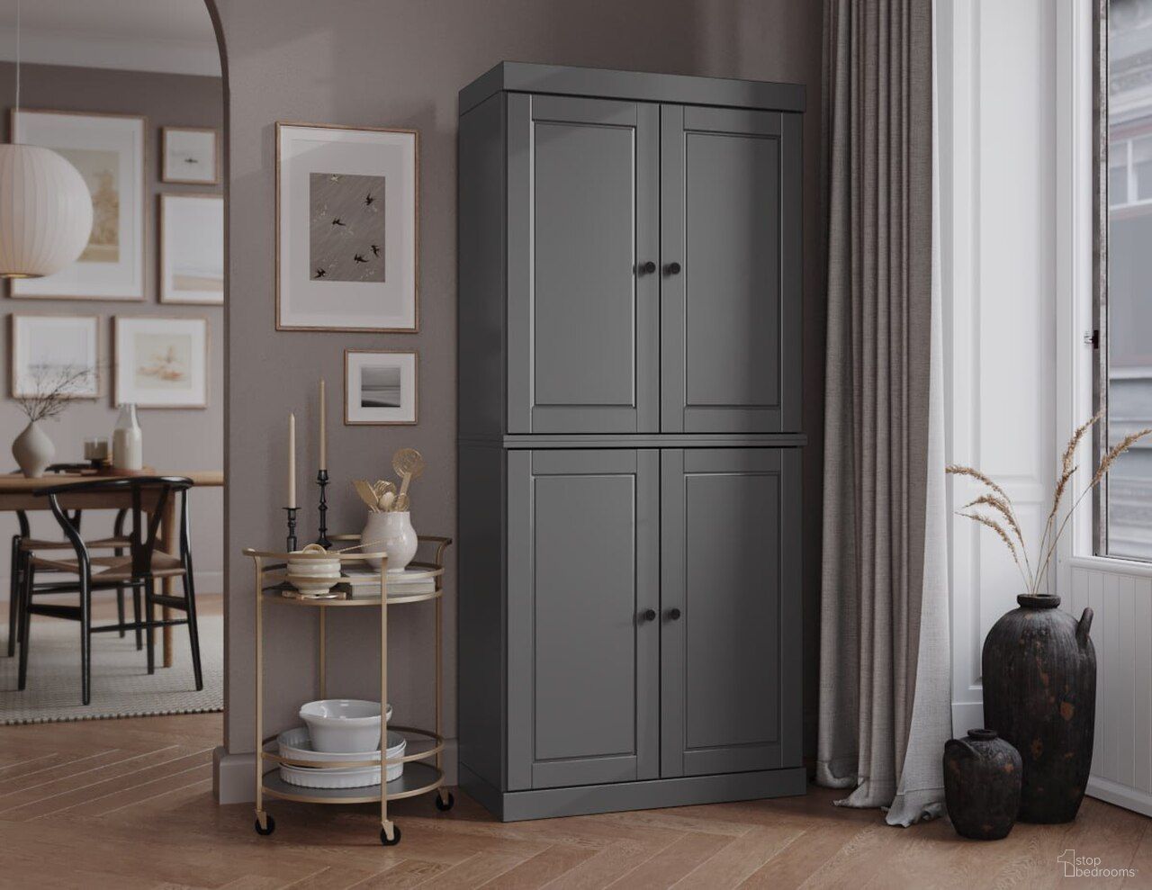 The appearance of 32 Inch Pantry Cabinet with Raised Panel Doors and Adjustable Shelves In Gray designed by Palace Imports in the modern / contemporary interior design. This gray piece of furniture was selected by 1StopBedrooms from to add a touch of cosiness and style into your home. Sku: 9415. Material: Solid Pine Wood.