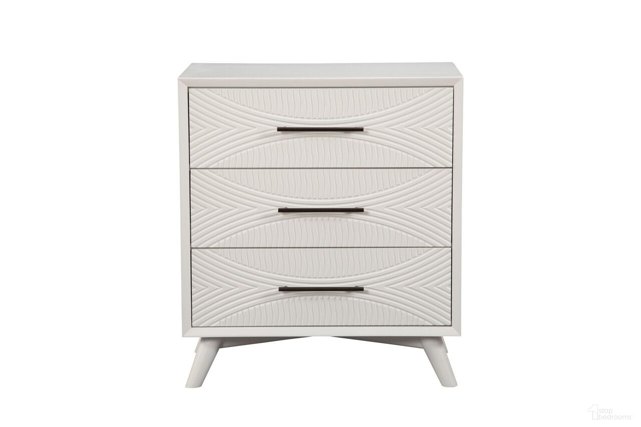 34 Inch Carved Geometric Solid Wood Three Drawer Dresser In White