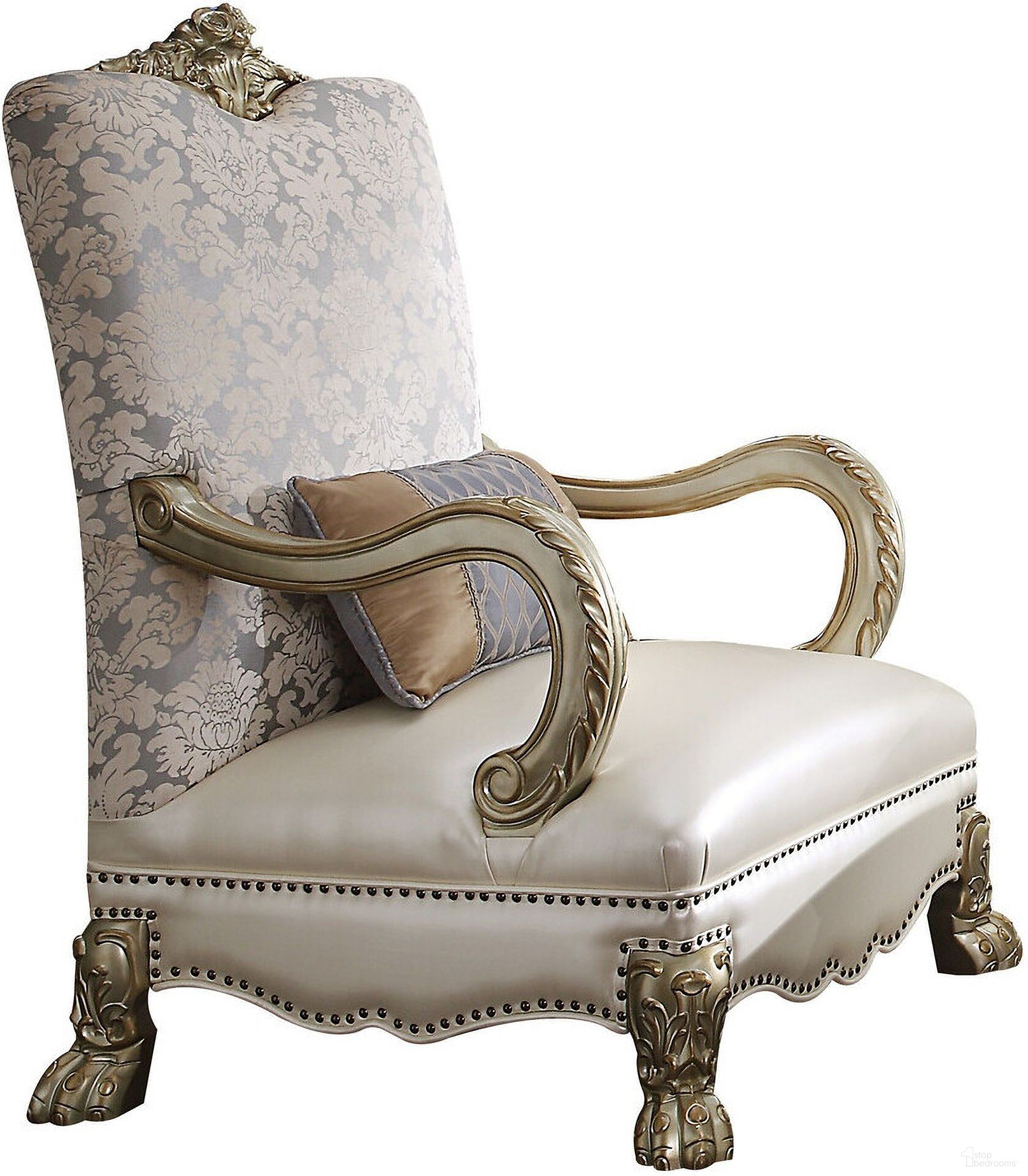 The appearance of 34 Inch Faux Leather Floral Arm Chair and Toss Pillow In Pearl and Gold designed by Homeroots in the traditional interior design. This pearl/gold piece of furniture  was selected by 1StopBedrooms from  to add a touch of cosiness and style into your home. Sku: 515786. Material: Faux Leather.