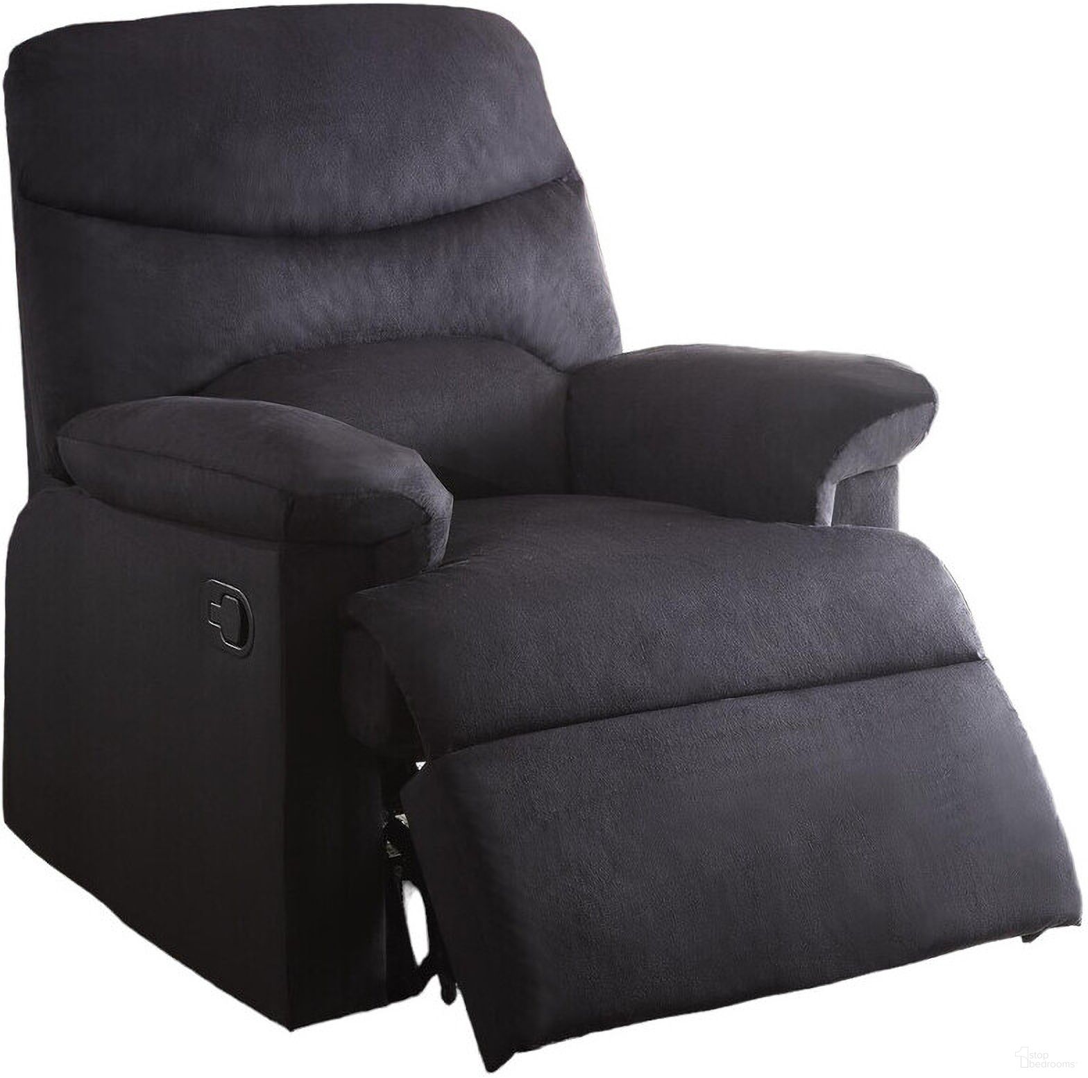 The appearance of 35 Inch Microfiber Manual Recliner In Black designed by Homeroots in the transitional interior design. This black piece of furniture was selected by 1StopBedrooms from to add a touch of cosiness and style into your home. Sku: 285824. Material: Microfiber / Microsuede.
