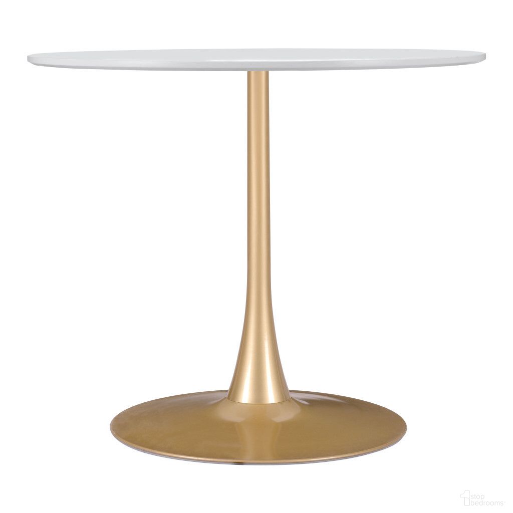 35 Inch Rounded Steel Pedestal Base Dining Table In White and Gold