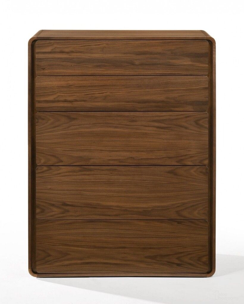 The appearance of 35 Inch Solid Wood Five Drawer Chest In Walnut designed by Homeroots in the transitional interior design. This walnut piece of furniture  was selected by 1StopBedrooms from  to add a touch of cosiness and style into your home. Sku: 473076. Material: Solid Wood.