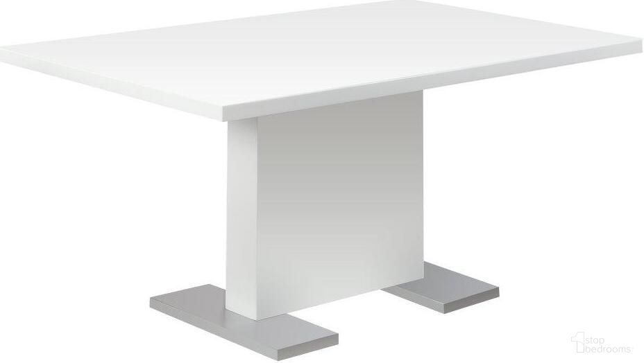 The appearance of 35 x 60 Inch Dining Table In High Glossy White designed by Monarch Specialties in the modern / contemporary interior design. This white piece of furniture  was selected by 1StopBedrooms from  to add a touch of cosiness and style into your home. Sku: I 1090. Table Base Style: Pedestal. Material: Metal. Table Top Shape: Rectangular. Size: 36" x 59".