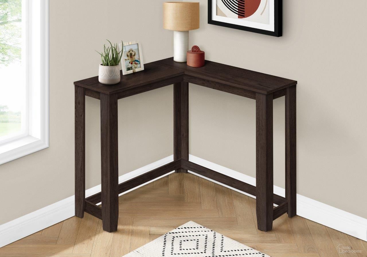 The appearance of 36 Inch Espresso Corner Console designed by Monarch Specialties in the modern / contemporary interior design. This espresso piece of furniture was selected by 1StopBedrooms from to add a touch of cosiness and style into your home. Sku: I 3660. Material: Laminate.
