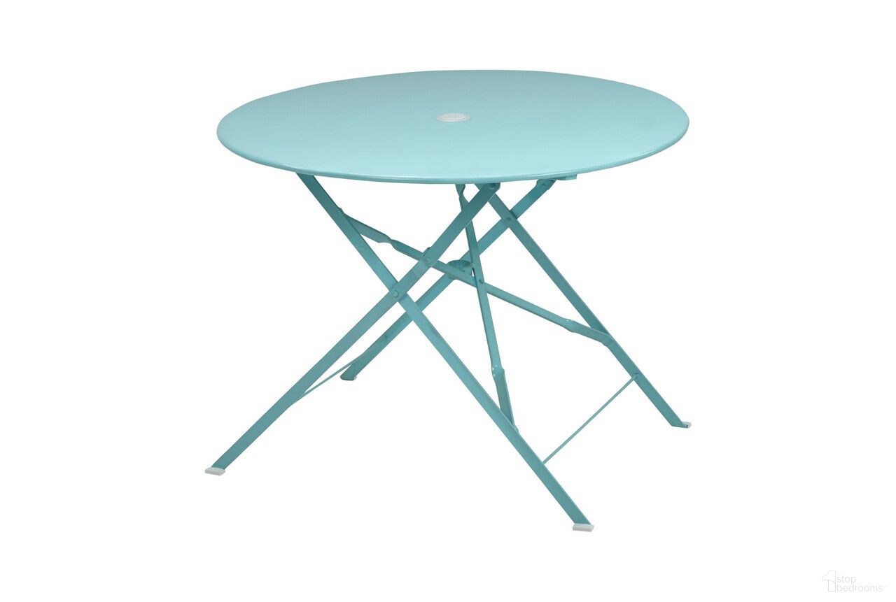 The appearance of 36 Inch Rounded Aluminum Folding Outdoor Dining Table with Umbrella Hole In Aqua designed by Homeroots in the modern / contemporary interior design. This aqua piece of furniture was selected by 1StopBedrooms from to add a touch of cosiness and style into your home. Sku: 606432. Material: Aluminum.
