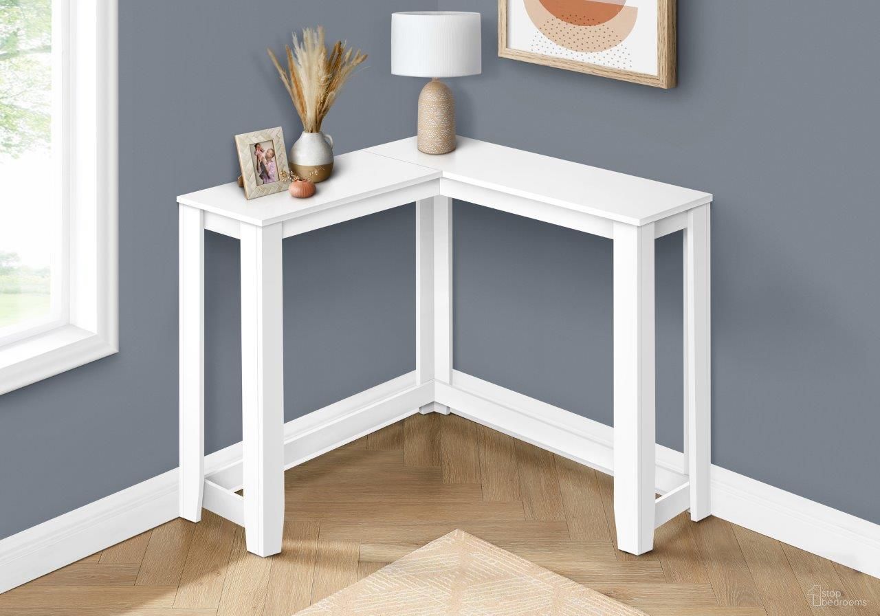 The appearance of 36 Inch White Corner Console I 3656 designed by Monarch Specialties in the modern / contemporary interior design. This white piece of furniture  was selected by 1StopBedrooms from  to add a touch of cosiness and style into your home. Sku: I 3656. Material: Laminate.