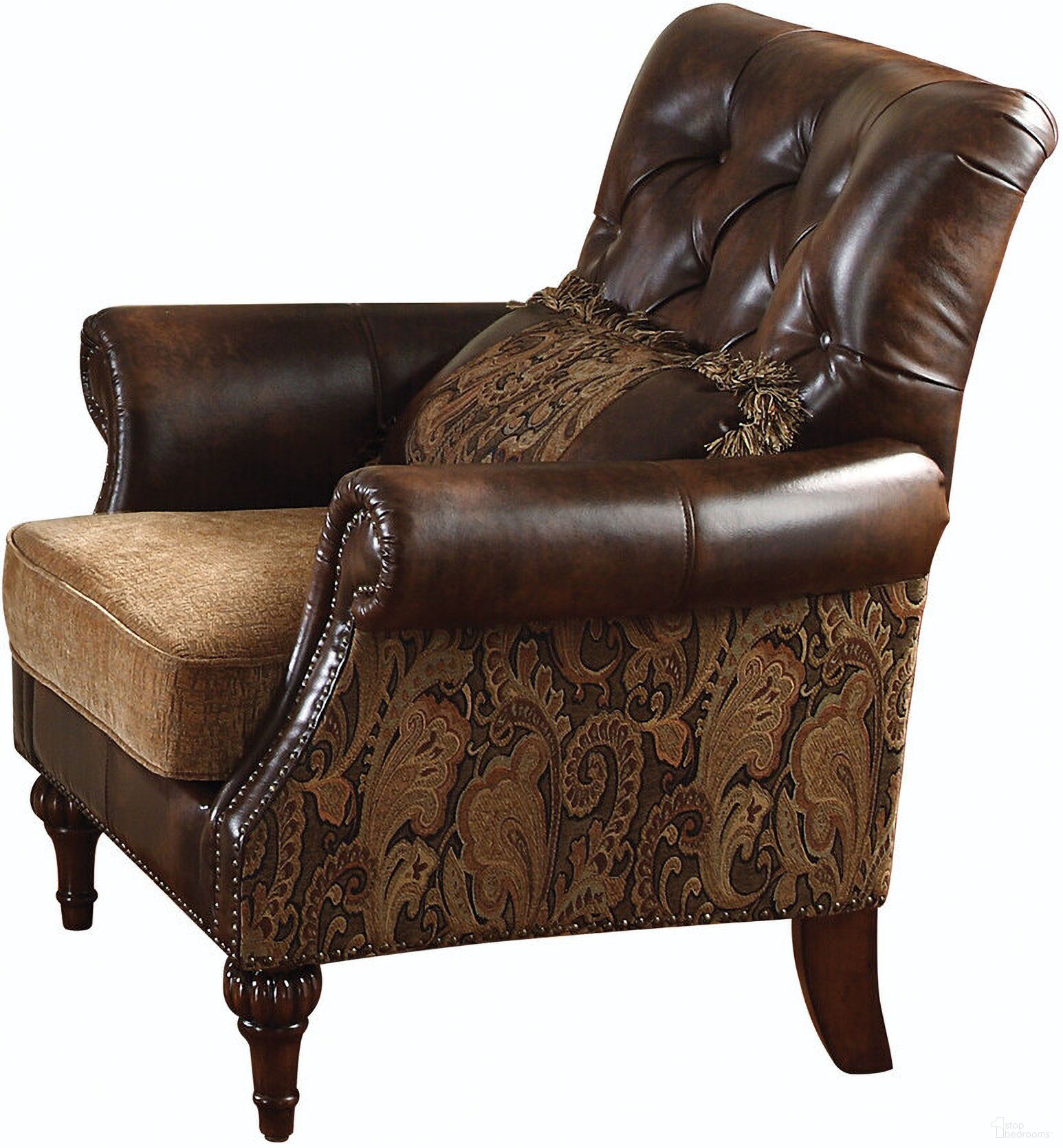 The appearance of 38 Inch Faux Leather Floral Tufted Arm Chair and Toss Pillow In Black and Brown designed by Homeroots in the transitional interior design. This black and brown piece of furniture was selected by 1StopBedrooms from to add a touch of cosiness and style into your home. Sku: 491125. Material: Faux Leather.