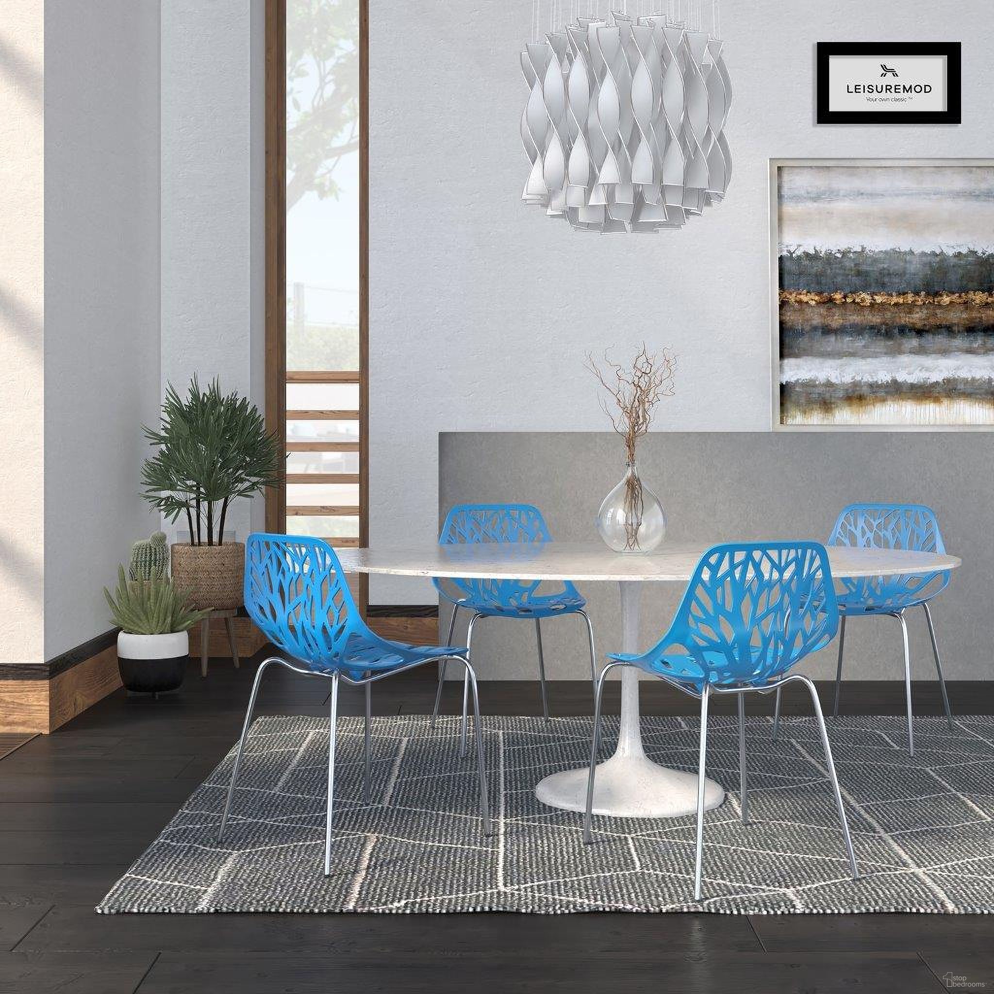 The appearance of 4 LeisureMod Asbury Blue Chromed Legs Dining Chairs designed by LeisureMod in the modern / contemporary interior design. This blue piece of furniture was selected by 1StopBedrooms from Asbury Collection to add a touch of cosiness and style into your home. Sku: AC16BU4. Material: Polypropylene. Chair Type: Side Chair.