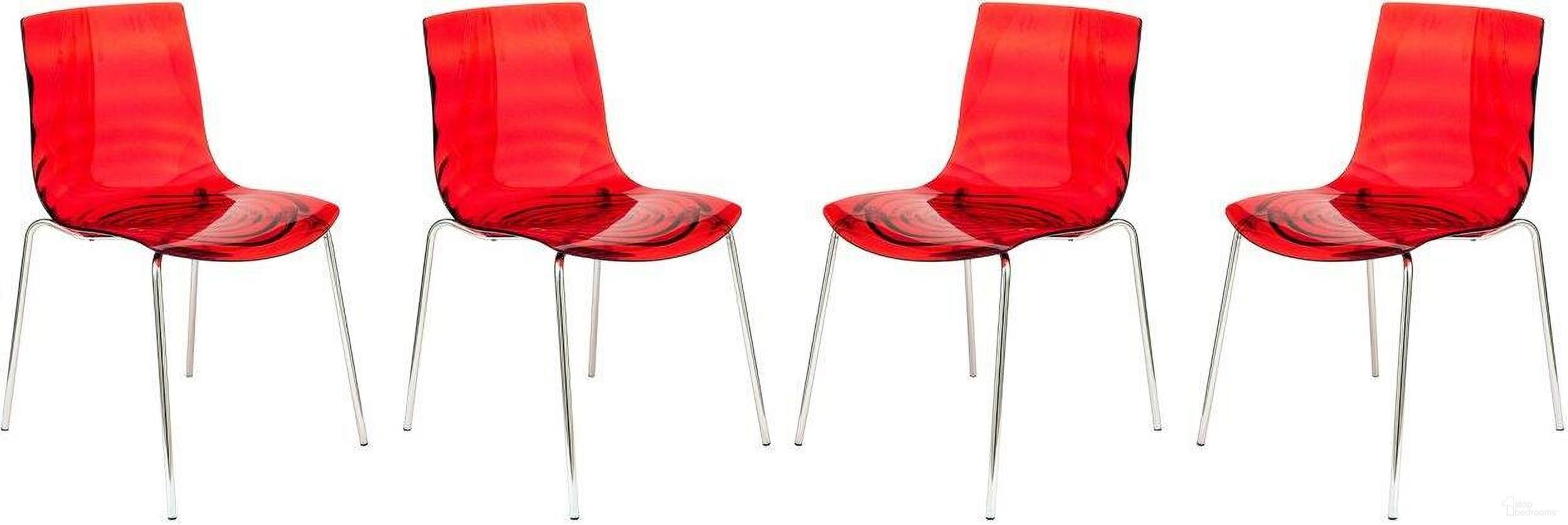 The appearance of 4 LeisureMod Astor Transparent Red Plastic Dining Chairs designed by LeisureMod in the modern / contemporary interior design. This transparent red piece of furniture was selected by 1StopBedrooms from Astor Collection to add a touch of cosiness and style into your home. Sku: AC20TR4. Material: Plastic. Chair Type: Side Chair.