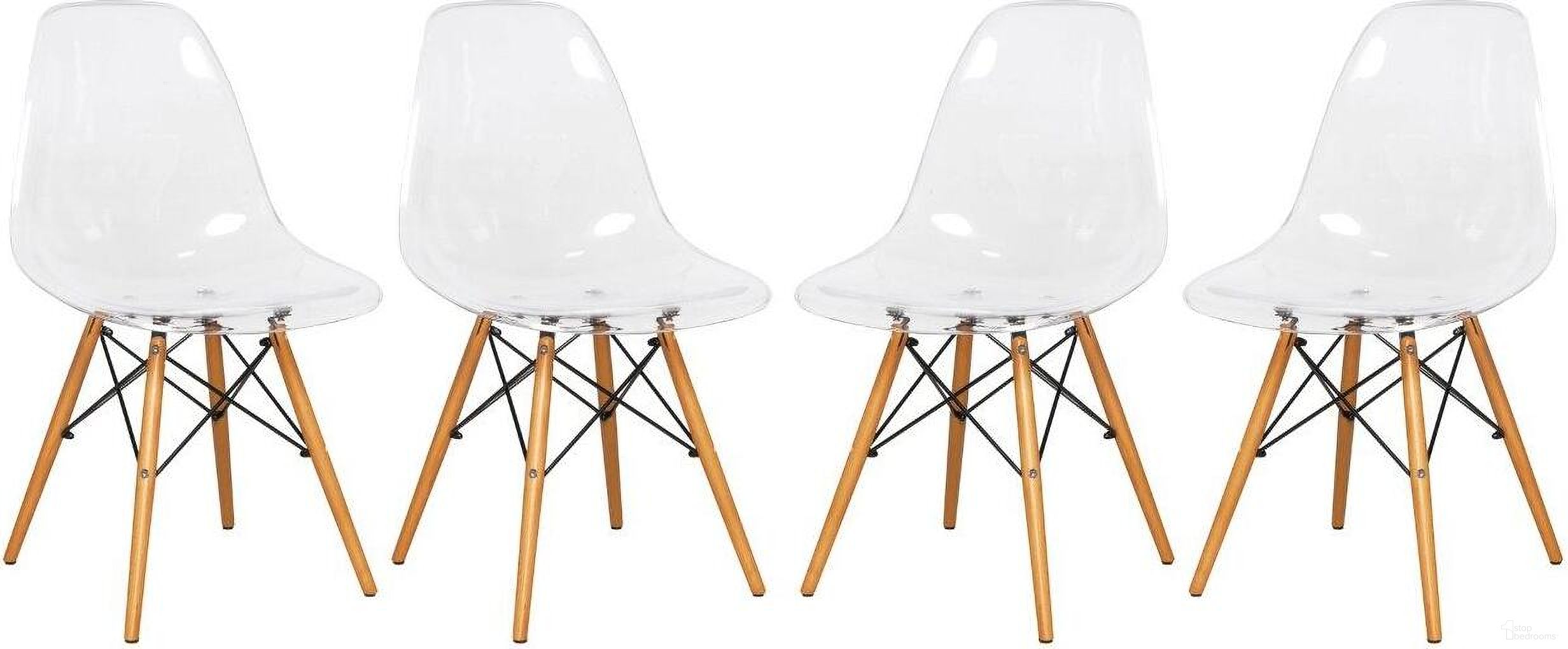 The appearance of 4 LeisureMod Dover Clear Molded Side Chairs designed by LeisureMod in the modern / contemporary interior design. This clear piece of furniture was selected by 1StopBedrooms from Dover Collection to add a touch of cosiness and style into your home. Sku: EP19CL4. Material: Plastic. Chair Type: Side Chair.