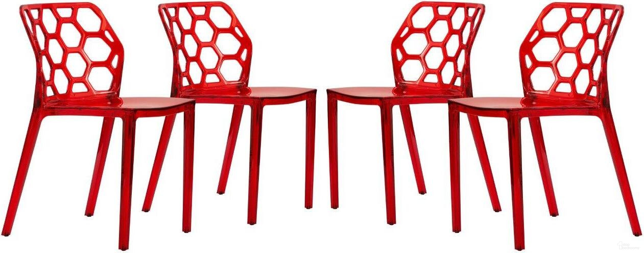 The appearance of 4 LeisureMod Dynamic Transparent Red Dining Chairs designed by LeisureMod in the modern / contemporary interior design. This transparent red piece of furniture was selected by 1StopBedrooms from Dynamic Collection to add a touch of cosiness and style into your home. Sku: DC19TR4. Material: Plastic. Chair Type: Side Chair.