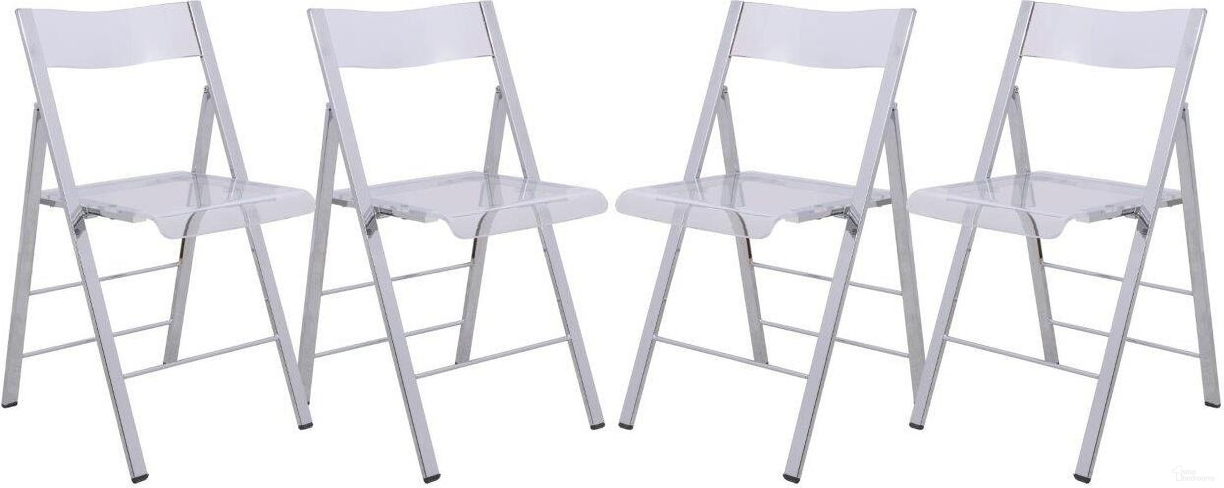 The appearance of 4 LeisureMod Menno Clear Acrylic Folding Chairs designed by LeisureMod in the modern / contemporary interior design. This clear piece of furniture was selected by 1StopBedrooms from Menno Collection to add a touch of cosiness and style into your home. Sku: MF15CL4. Material: Acrylic. Chair Type: Side Chair.