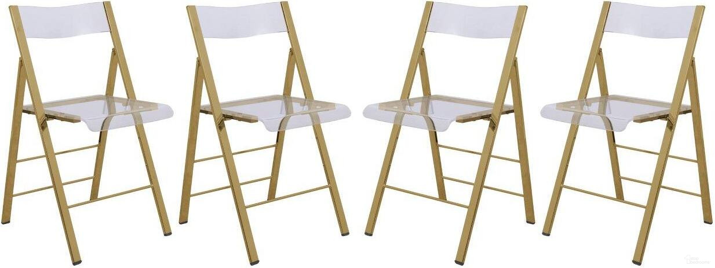 The appearance of 4 LeisureMod Menno Clear Acrylic Gold Base Folding Chairs designed by LeisureMod in the modern / contemporary interior design. This gold piece of furniture  was selected by 1StopBedrooms from Menno Collection to add a touch of cosiness and style into your home. Sku: MFG15CL4. Material: Acrylic. Chair Type: Side Chair.
