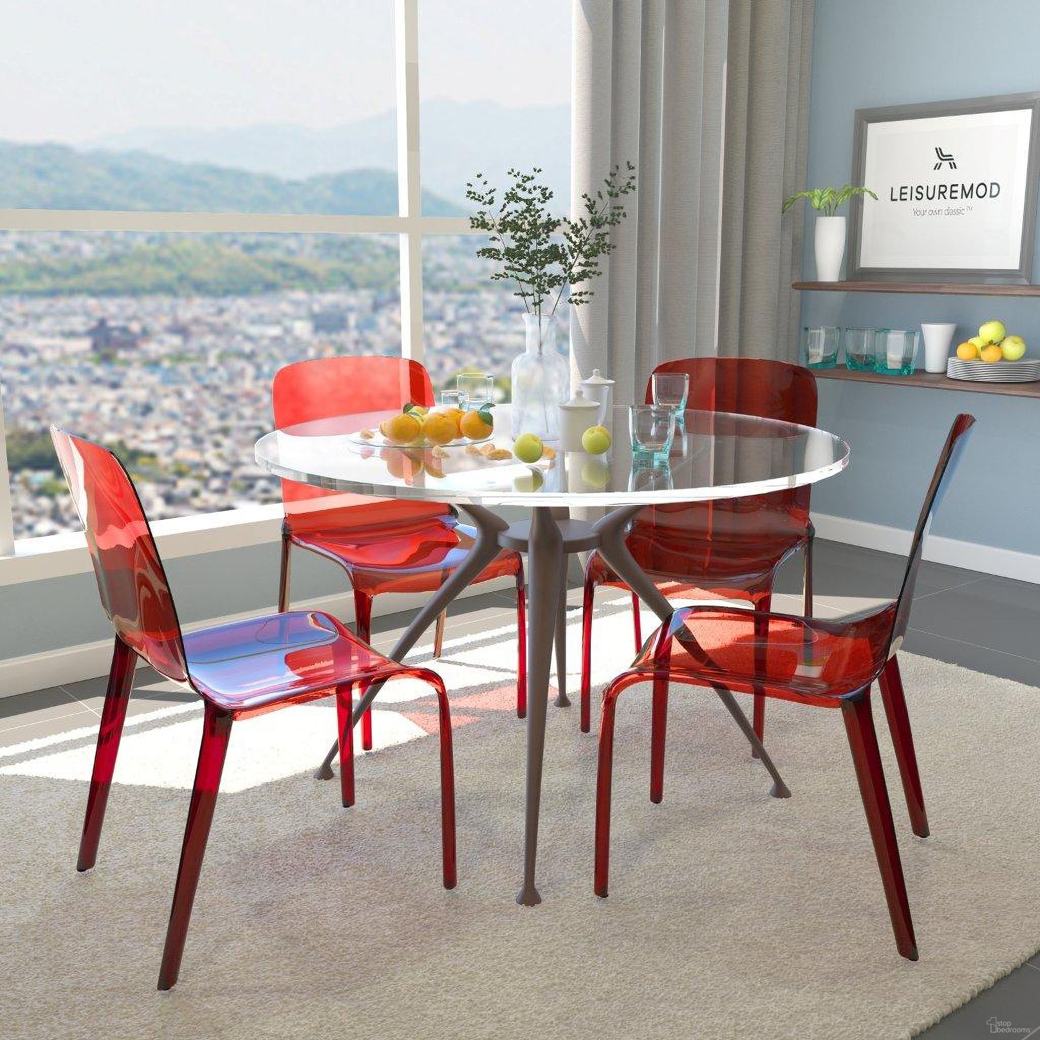 The appearance of 4 LeisureMod Murray Red Dining Chairs designed by LeisureMod in the modern / contemporary interior design. This red piece of furniture was selected by 1StopBedrooms from Murray Collection to add a touch of cosiness and style into your home. Sku: MC20R4. Material: Plastic. Chair Type: Side Chair.
