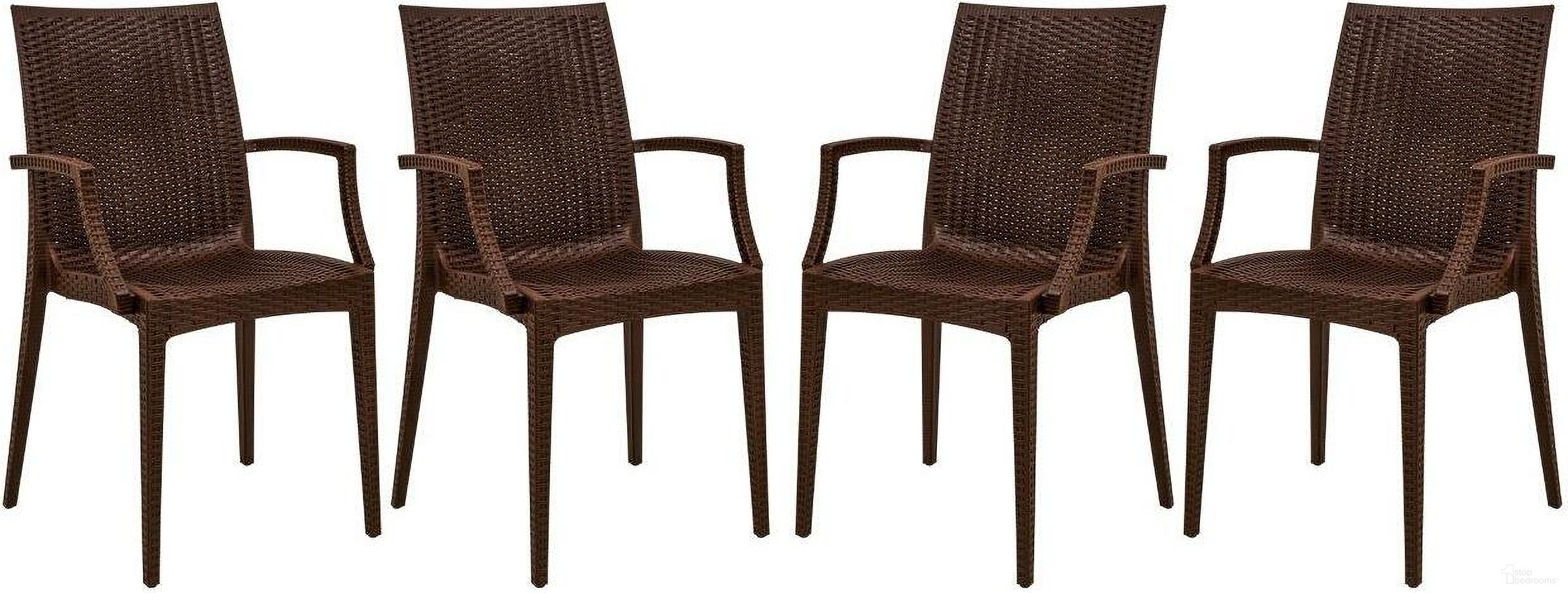 The appearance of 4 LeisureMod Weave Brown Mace Indoor Outdoor Arm Chairs designed by LeisureMod in the modern / contemporary interior design. This brown piece of furniture was selected by 1StopBedrooms from Weave Collection to add a touch of cosiness and style into your home. Sku: MCA19BR4. Material: Polypropylene.
