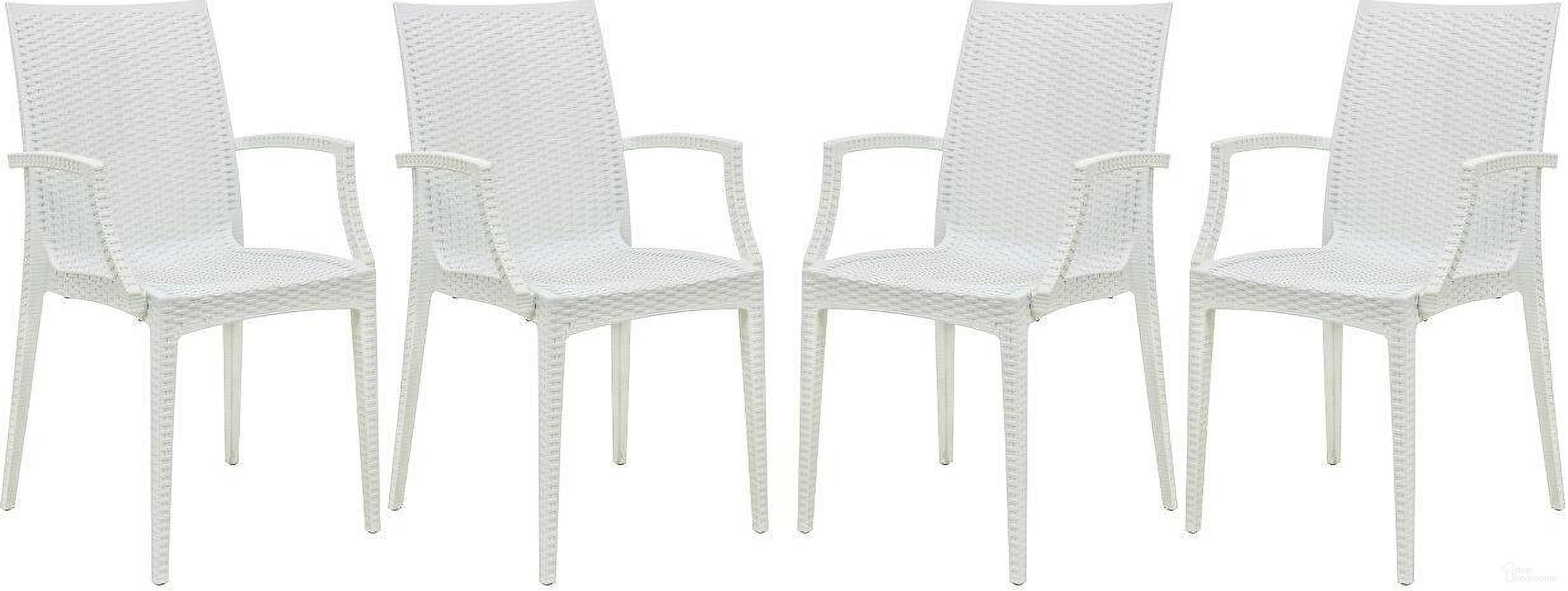 The appearance of 4 LeisureMod Weave White Mace Indoor Outdoor Arm Chairs designed by LeisureMod in the modern / contemporary interior design. This white piece of furniture was selected by 1StopBedrooms from Weave Collection to add a touch of cosiness and style into your home. Sku: MCA19W4. Material: Polypropylene.