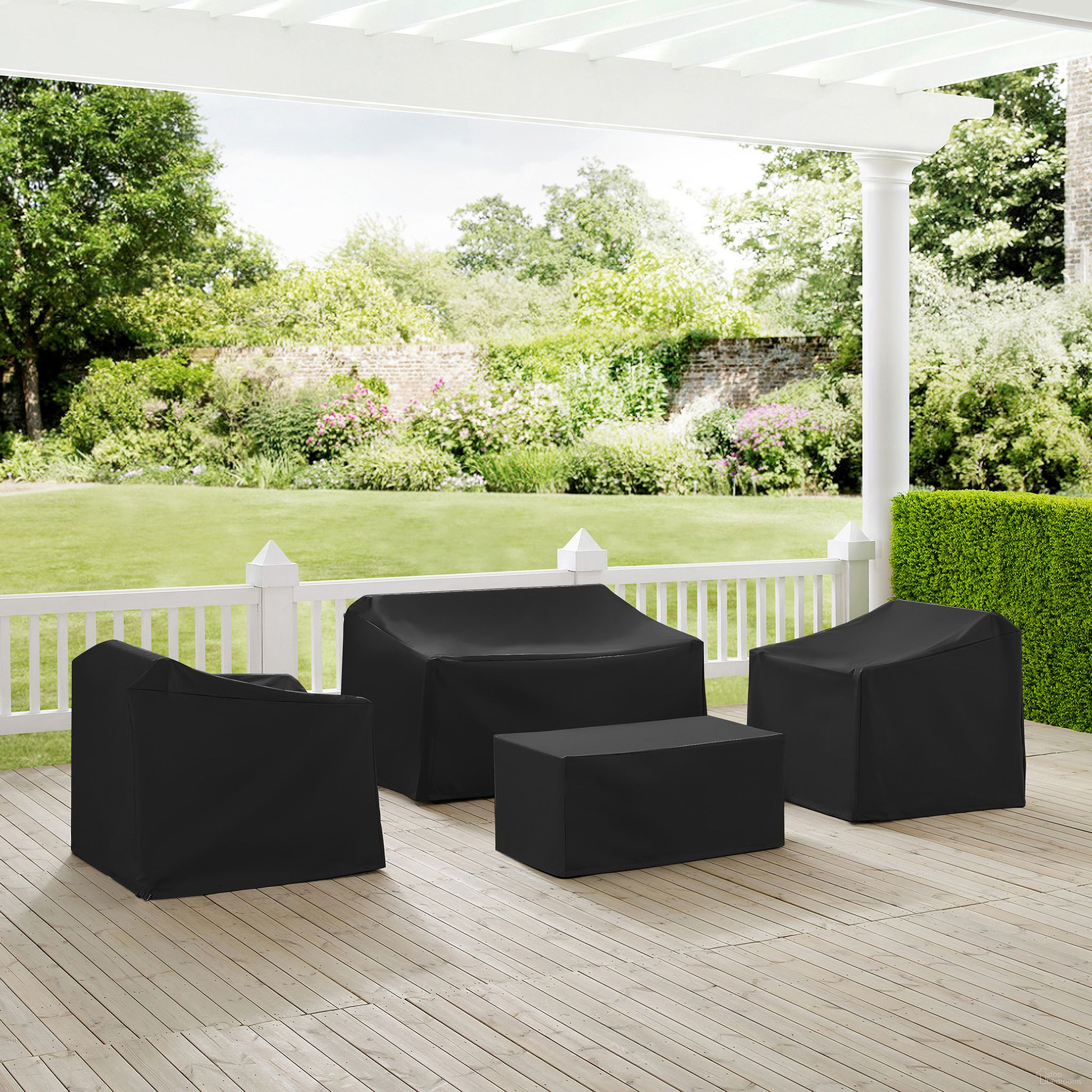 The appearance of 4 Piece Outdoor Furniture Cover Set In Black designed by Crosley Brands in the modern / contemporary interior design. This black piece of furniture was selected by 1StopBedrooms from Furniture Covers Collection to add a touch of cosiness and style into your home. Sku: CO7501-BK;CO7502-BK;CO7500-BK;CO7500-BK. Material: PVC.