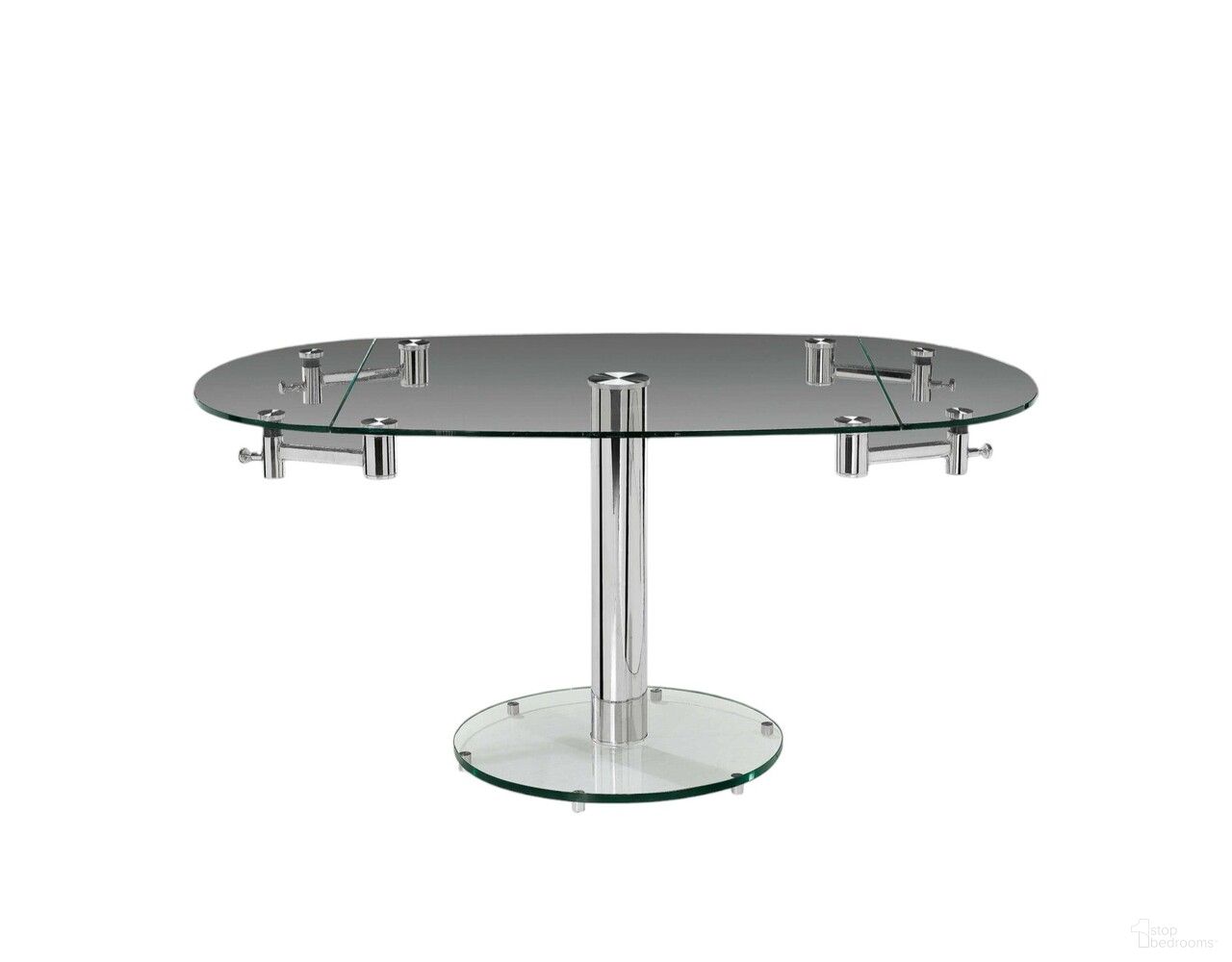 The appearance of 40 Inch Glass and Metal Self-Storing Leaf Motion Extendable Dining Table In Clear and Silver designed by Homeroots in the modern / contemporary interior design. This clear/silver piece of furniture  was selected by 1StopBedrooms from  to add a touch of cosiness and style into your home. Sku: 555156. Table Base Style: Pedestal. Material: Glass. Table Top Shape: Rectangular. Size: 35" x 40".