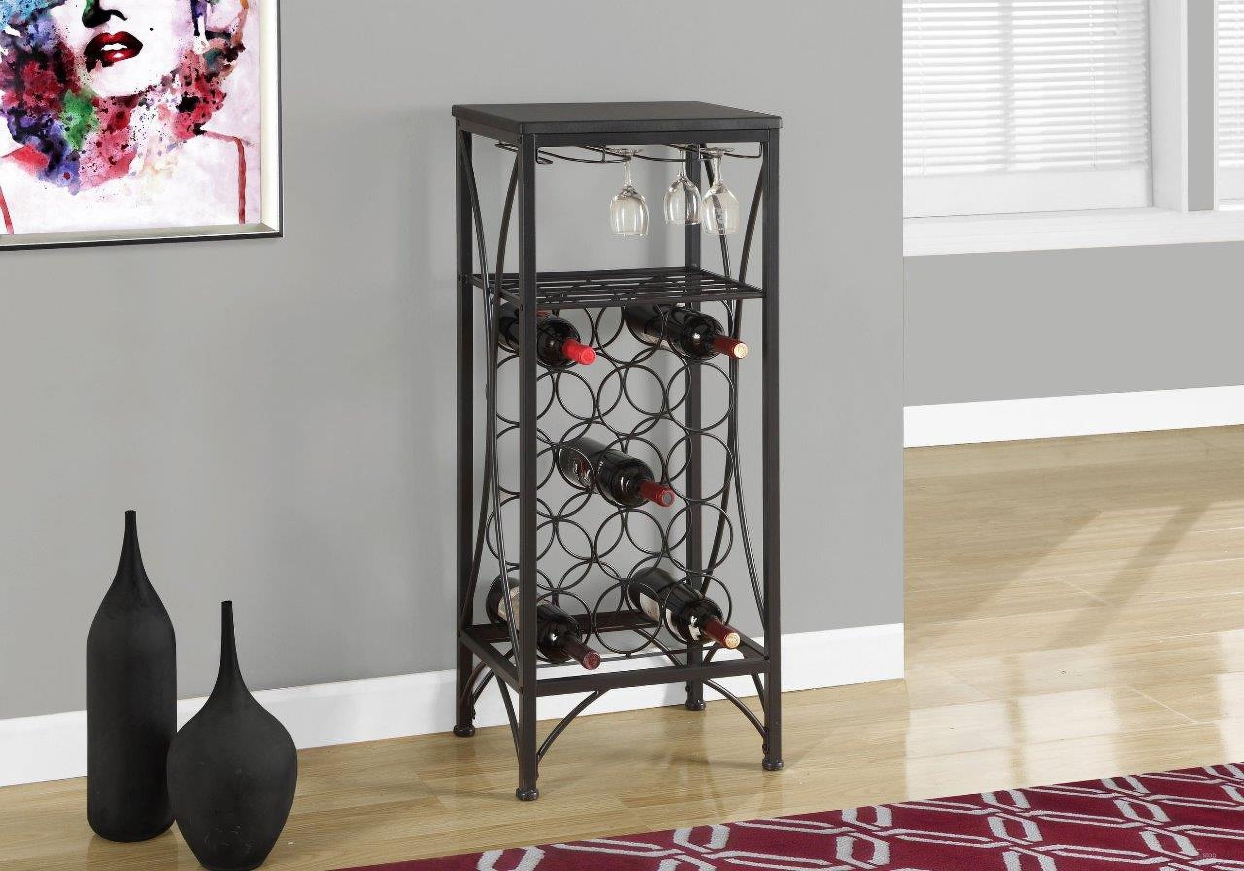 The appearance of 40 Inch Home Bar In Black Metal With Wine Bottle And Glass Rack designed by Monarch Specialties in the modern / contemporary interior design. This black piece of furniture  was selected by 1StopBedrooms from  to add a touch of cosiness and style into your home. Sku: I 3347. Material: Metal.