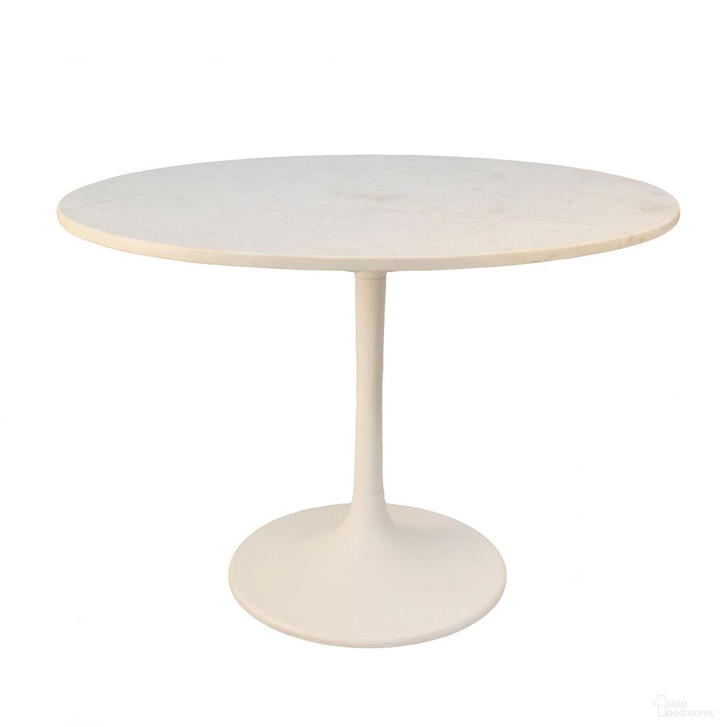 40 Inch Rounded Marble and Iron Pedestal Base Dining Table In White