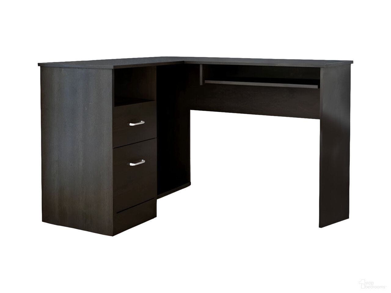 The appearance of 41 Inch L Shape Computer Desk with Two Drawers In Black designed by Homeroots in the modern / contemporary interior design. This black piece of furniture was selected by 1StopBedrooms from to add a touch of cosiness and style into your home. Sku: 403824. Material: Wood.