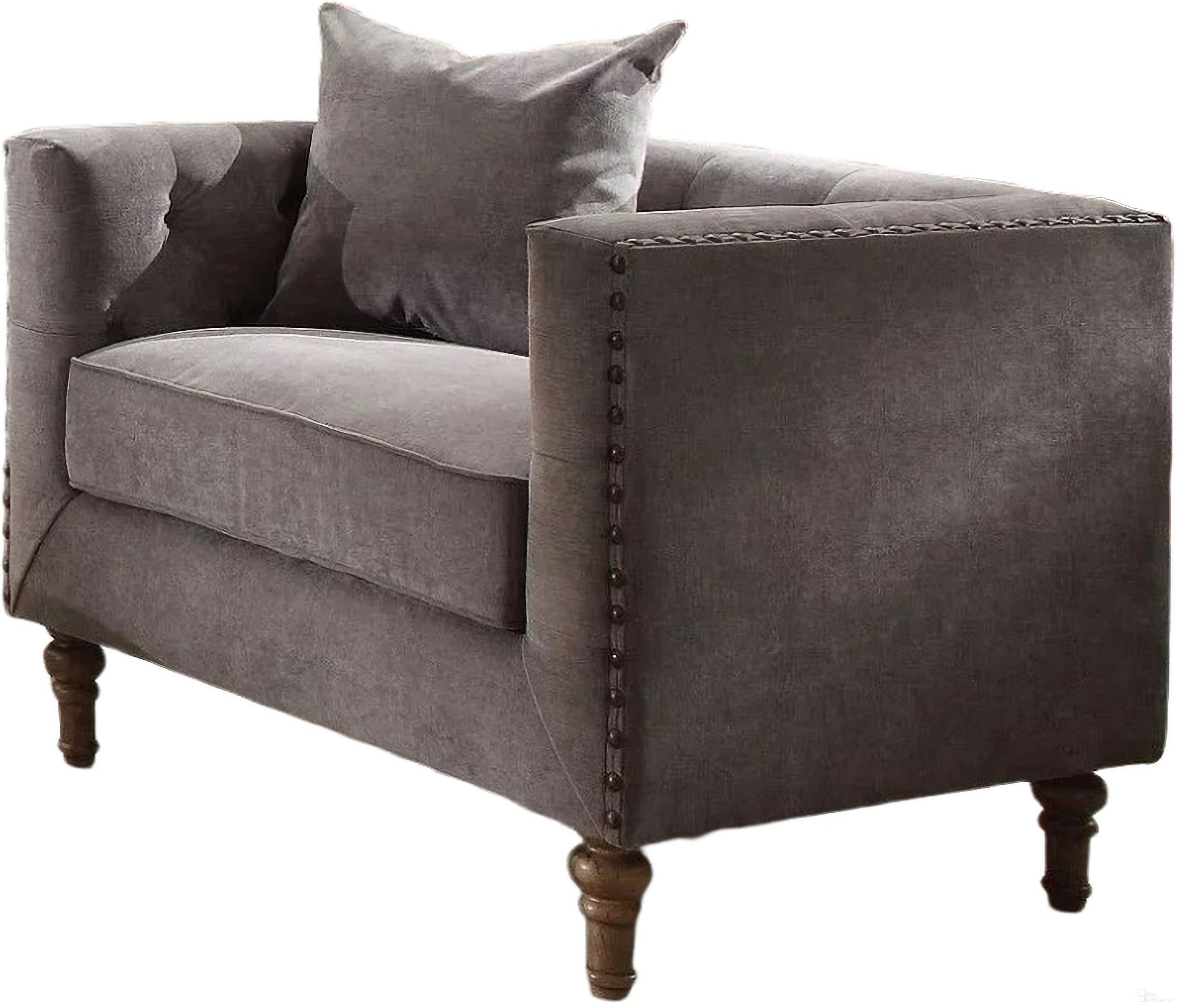 The appearance of 41 Inch Velvet Tufted Arm Chair and Toss Pillow In Gray and Antique Brass designed by Homeroots in the transitional interior design. This gray and antique brass piece of furniture  was selected by 1StopBedrooms from  to add a touch of cosiness and style into your home. Sku: 491114. Material: Velvet.