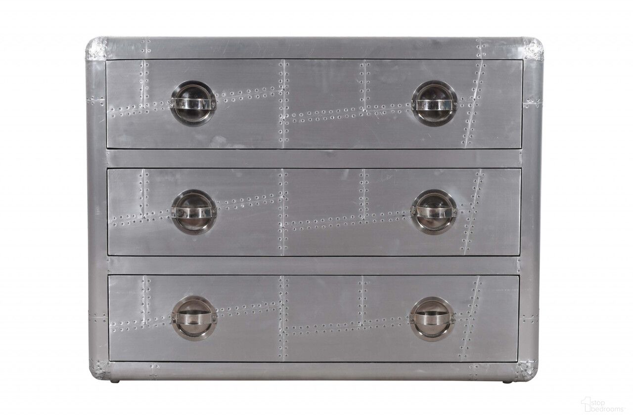 The appearance of 42 Inch Aluminum Three Drawer Dresser In Silver designed by Homeroots in the modern / contemporary interior design. This silver piece of furniture was selected by 1StopBedrooms from to add a touch of cosiness and style into your home. Sku: 489224. Material: Aluminum.