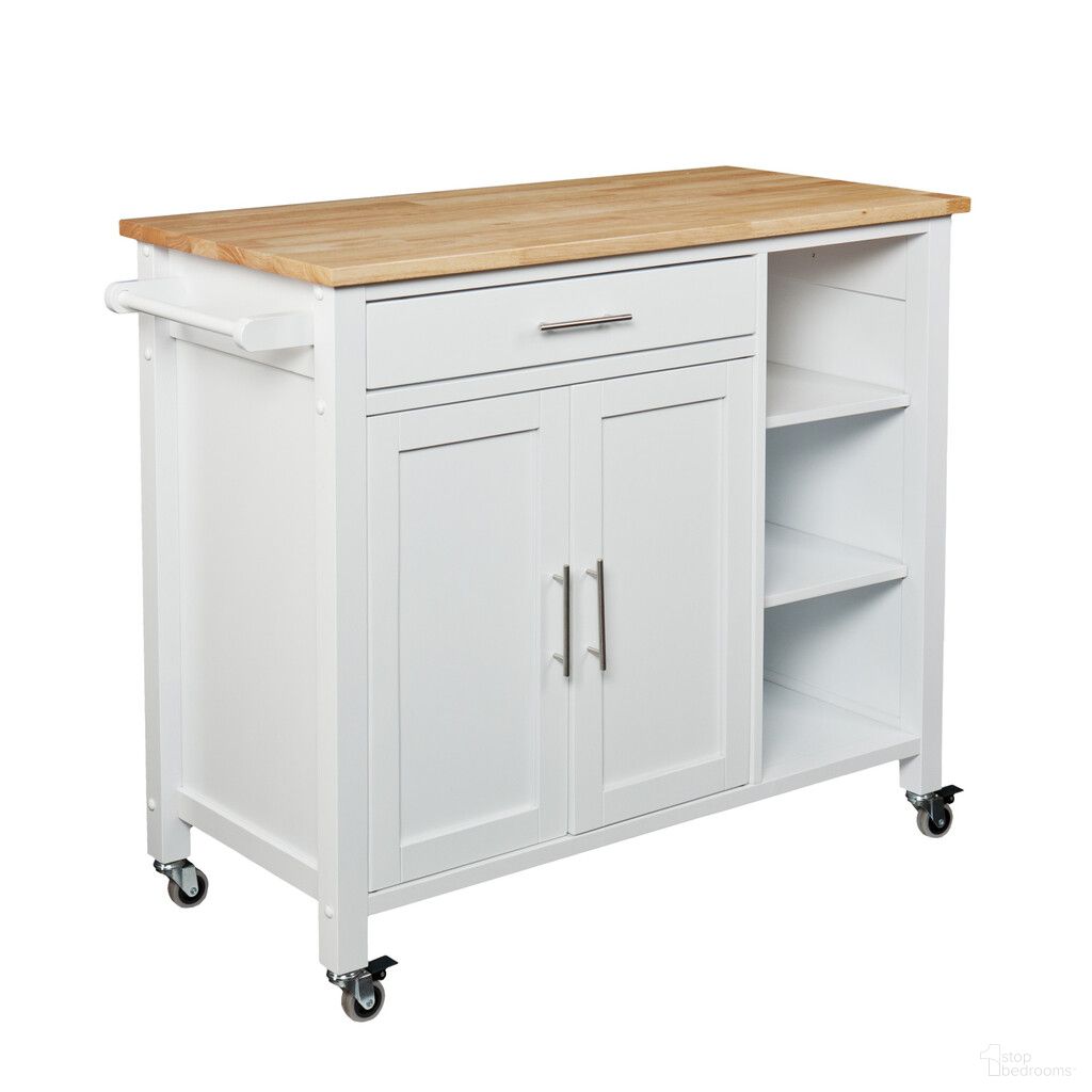42 Inch Butcher Block and Iron Rolling Kitchen Cart with Storage In Natural and White