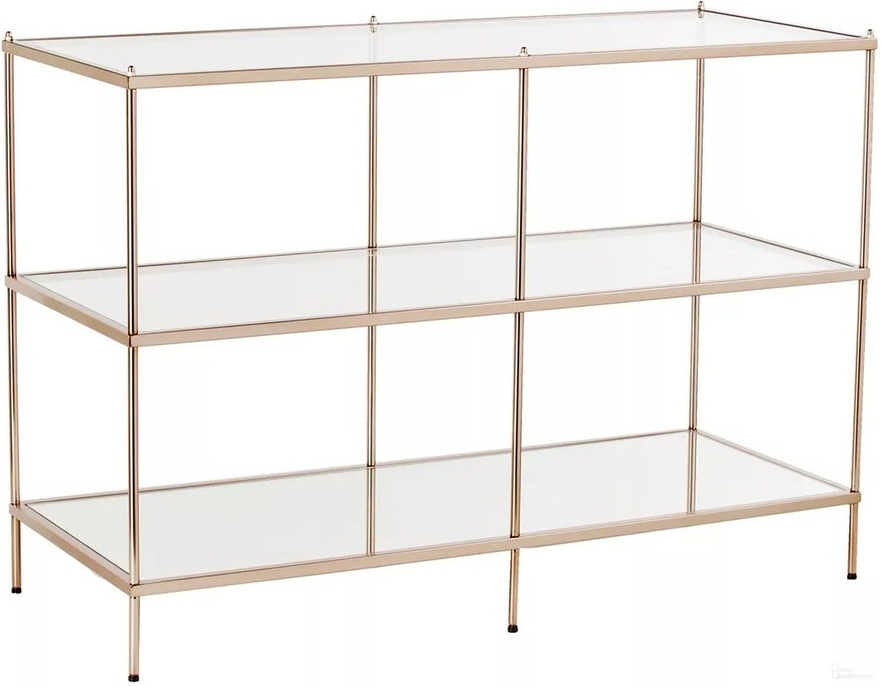 The appearance of 42 Inch Glass Mirrored Frame Console Table with Shelves In Clear and Gold designed by Homeroots in the modern / contemporary interior design. This clear/gold piece of furniture was selected by 1StopBedrooms from to add a touch of cosiness and style into your home. Sku: 402397. Material: Glass.
