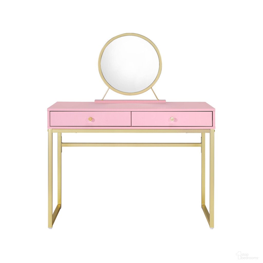 42 Inch Wood Vanity Table with Mirror and Two Drawers In Pink and Gold
