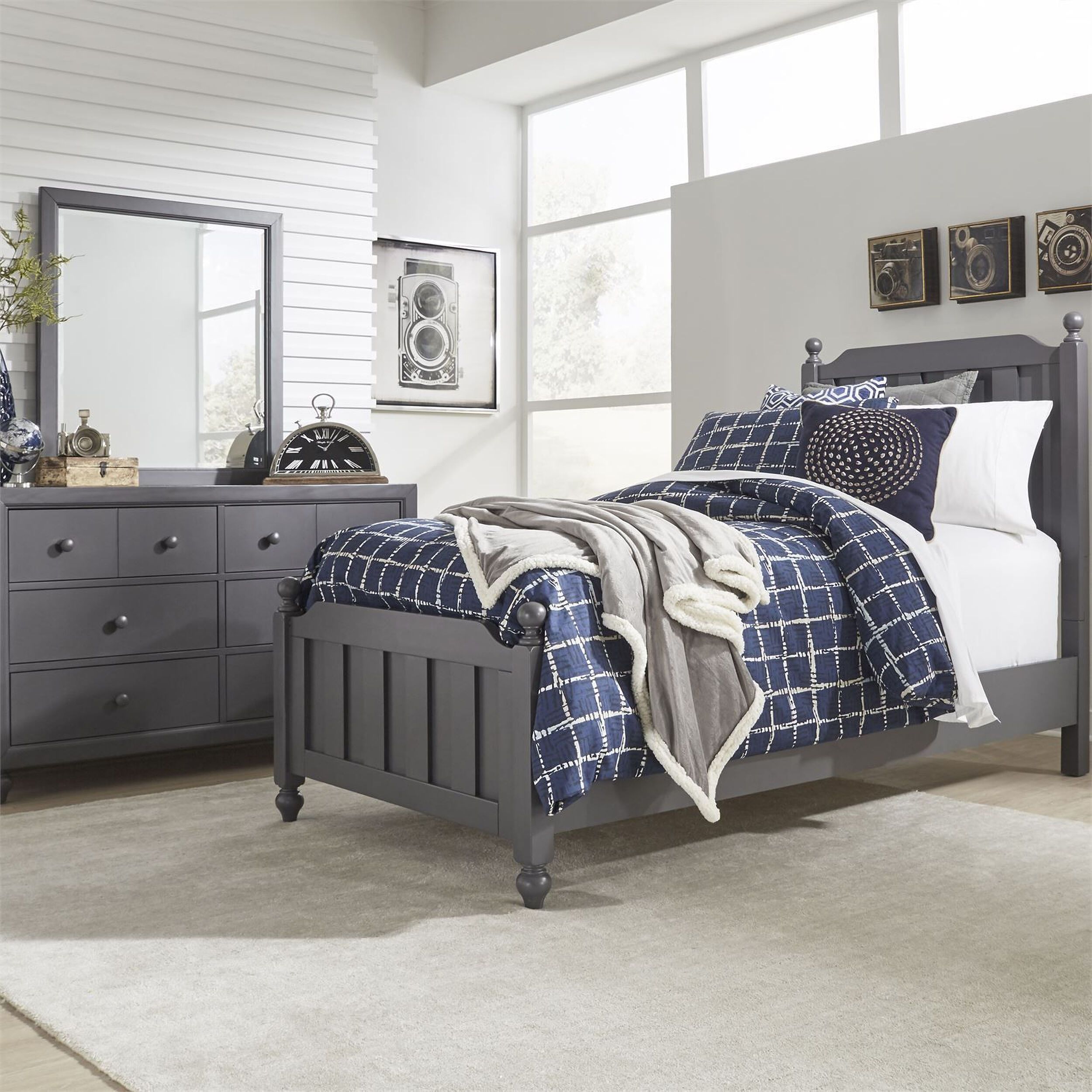 The appearance of Cottage View Dark Gray Youth Panel Bedroom Set designed by Liberty in the transitional interior design. This gray piece of furniture was selected by 1StopBedrooms from Cottage View Collection to add a touch of cosiness and style into your home. Sku: 423-BR11HF;423-BR89;423-BR60. Bed Type: Panel Bed. Material: Wood. Bed Size: Twin.