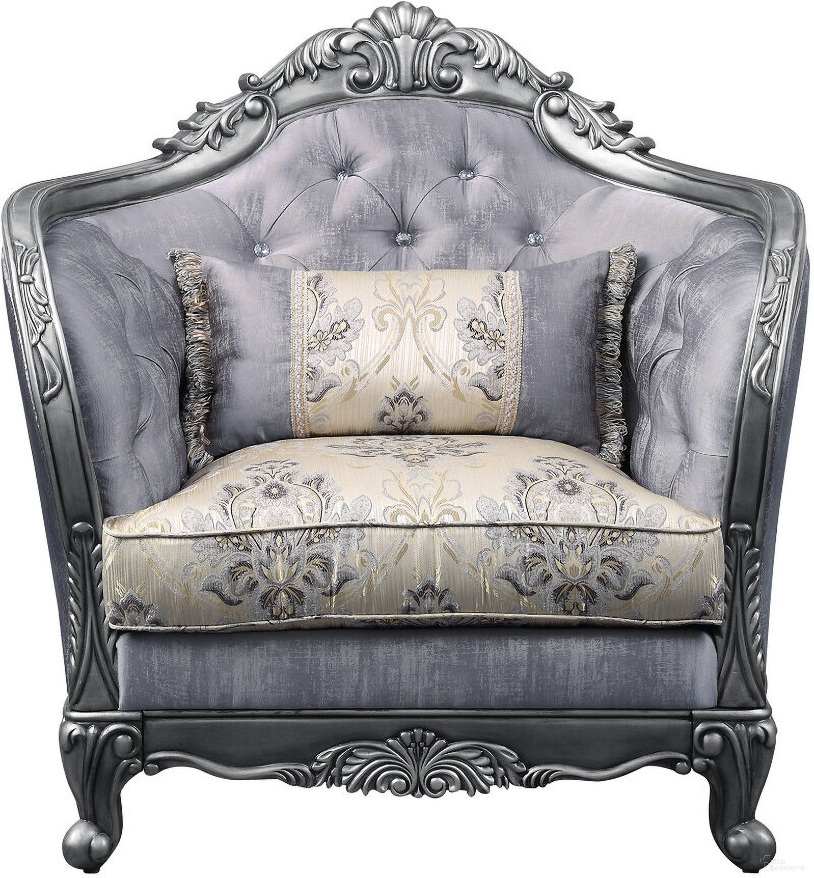 The appearance of 43 Inch Fabric Floral Tufted Arm Chair and Toss Pillow In Light Gray and Platinum designed by Homeroots in the traditional interior design. This light gray and platinum piece of furniture was selected by 1StopBedrooms from to add a touch of cosiness and style into your home. Sku: 515799. Material: Fabric.