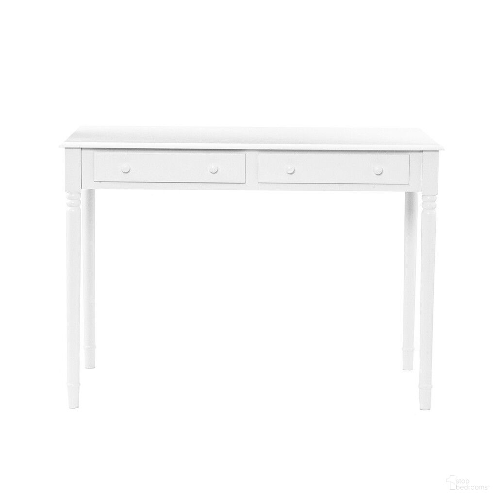 The appearance of 43 Inch Solid Wood Writing Desk with Two Drawers In White designed by Homeroots in the modern / contemporary interior design. This white piece of furniture was selected by 1StopBedrooms from to add a touch of cosiness and style into your home. Sku: 402017. Material: Solid Wood.