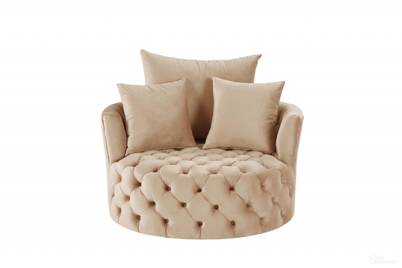 43 Inch Velvet Tufted Swivel Barrel Chair and Toss Pillows In Beige