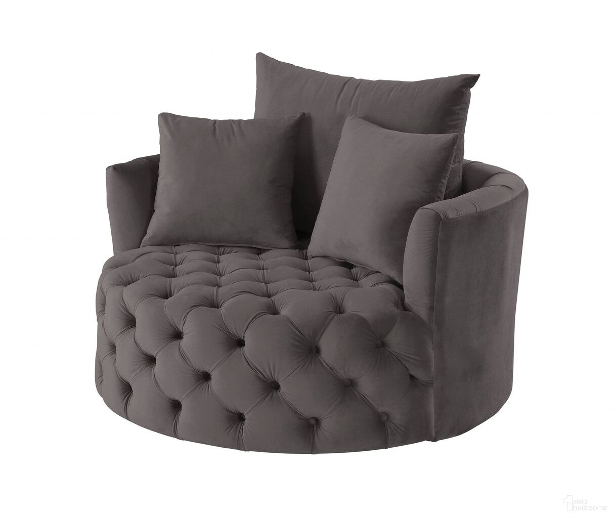 The appearance of 43 Inch Velvet Tufted Swivel Barrel Chair and Toss Pillows In Gray designed by Homeroots in the modern / contemporary interior design. This gray piece of furniture was selected by 1StopBedrooms from to add a touch of cosiness and style into your home. Sku: 486597. Material: Velvet.