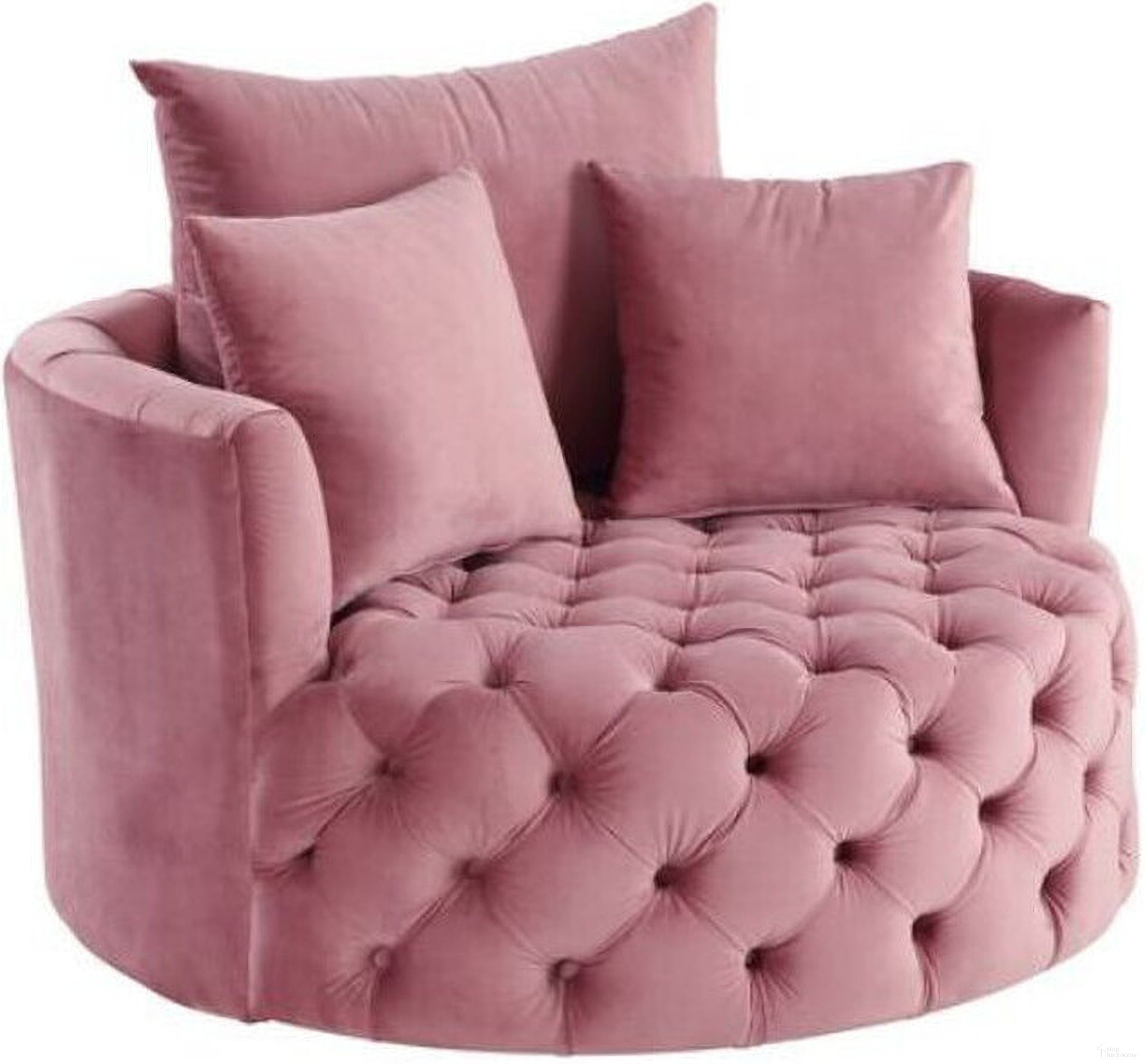 The appearance of 43 Inch Velvet Tufted Swivel Barrel Chair and Toss Pillows In Pink designed by Homeroots in the modern / contemporary interior design. This pink piece of furniture  was selected by 1StopBedrooms from  to add a touch of cosiness and style into your home. Sku: 486596. Material: Velvet.
