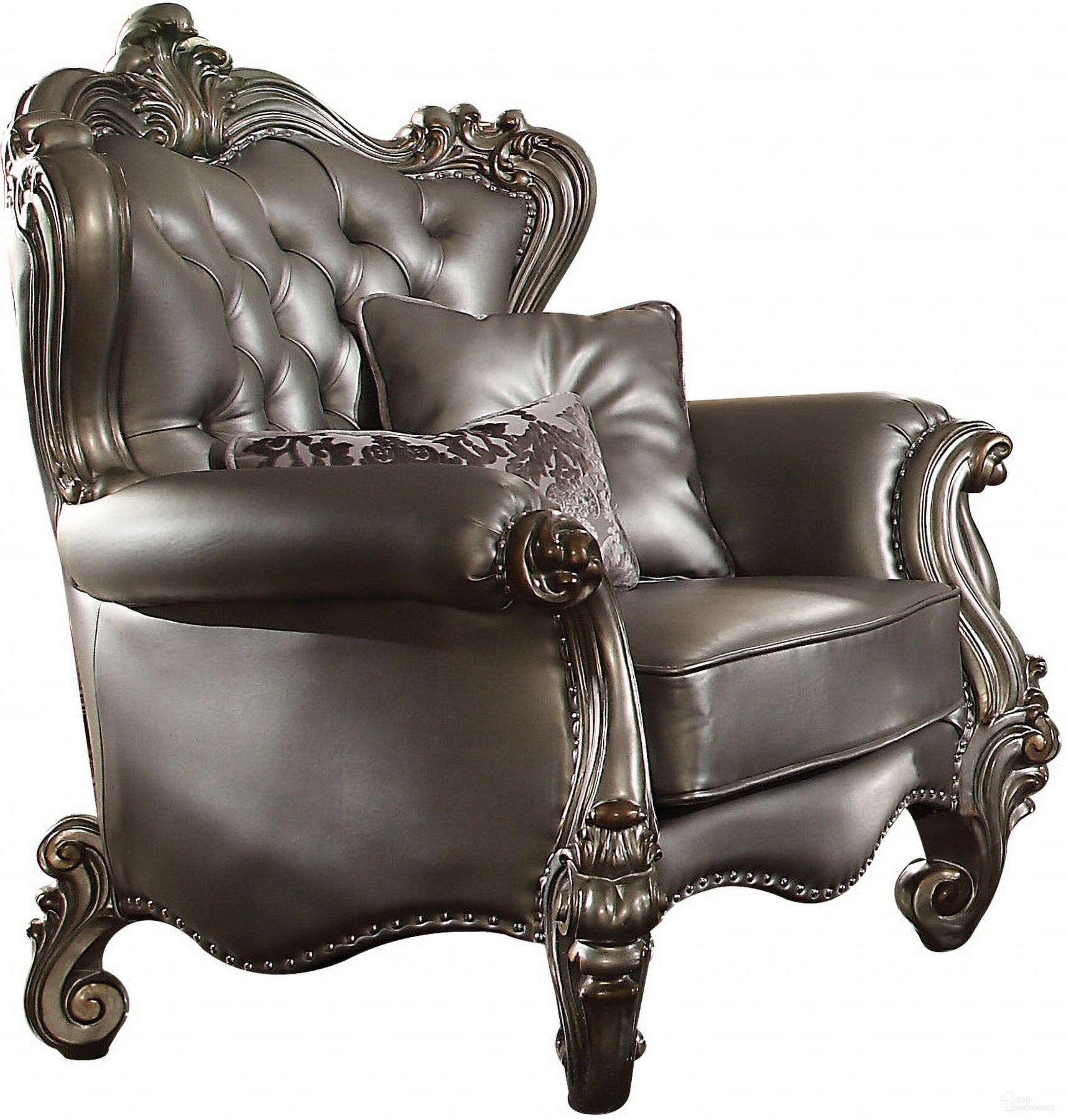 The appearance of 44 Inch Faux Leather Tufted Wingback Chair and Toss Pillows In Silver and Platinum designed by Homeroots in the transitional interior design. This silver and platinum piece of furniture  was selected by 1StopBedrooms from  to add a touch of cosiness and style into your home. Sku: 515788. Material: Faux Leather.