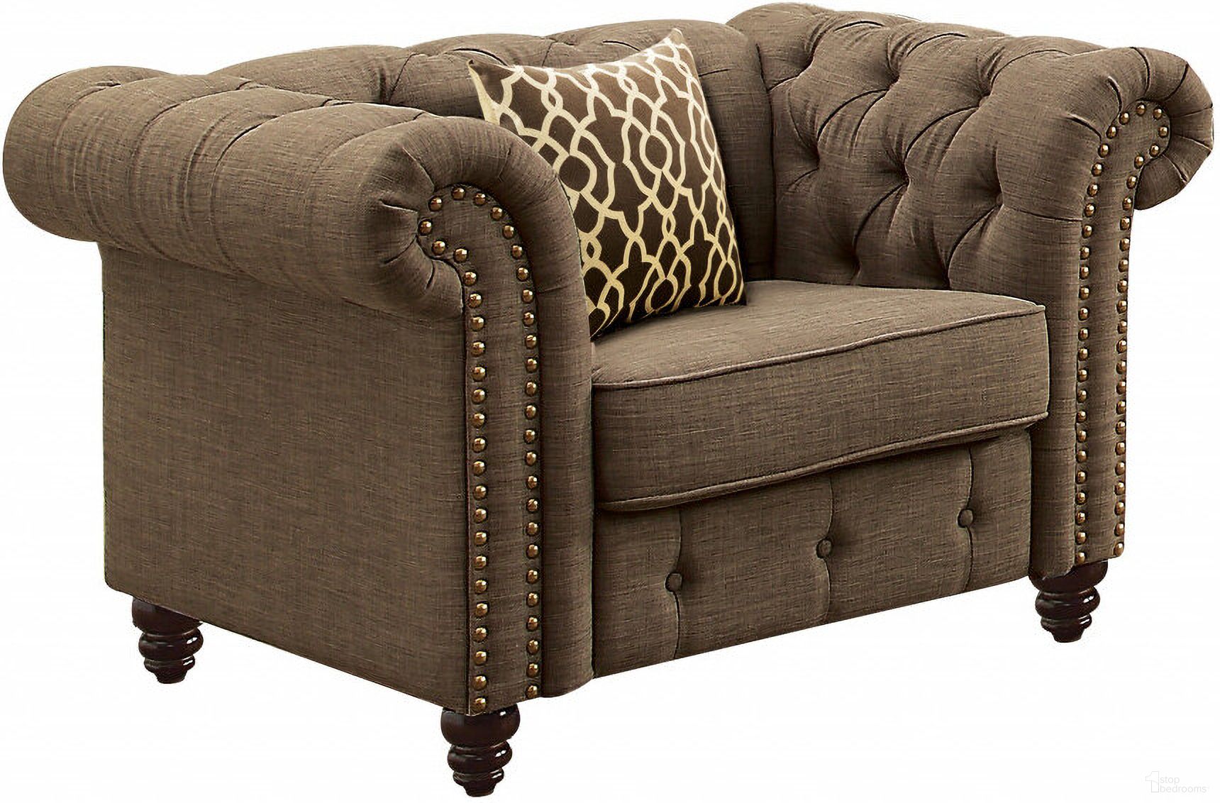 The appearance of 45 Inch Linen Tufted Chesterfield Chair and Toss Pillow In Black and Brown designed by Homeroots in the traditional interior design. This black and brown piece of furniture was selected by 1StopBedrooms from to add a touch of cosiness and style into your home. Sku: 491123. Material: Linen.