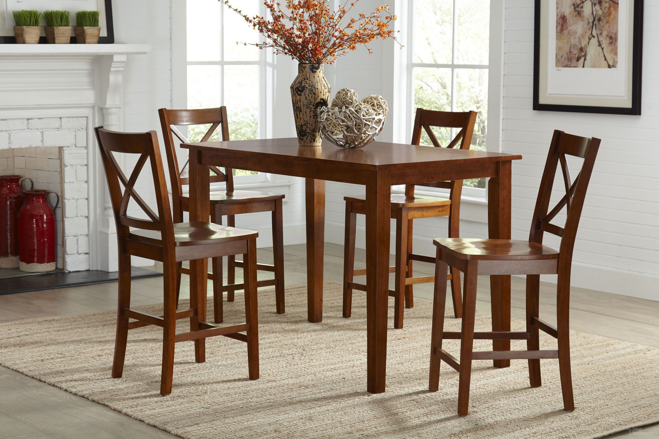 The appearance of Simplicity Caramel Counter Height Dining Room Set designed by Jofran in the transitional interior design. This caramel piece of furniture was selected by 1StopBedrooms from Simplicity Collection to add a touch of cosiness and style into your home. Sku: 452-54;452-BS806KD. Table Base Style: Legs. Table Top Shape: Square. Material: Wood. Size: 54" x 32".