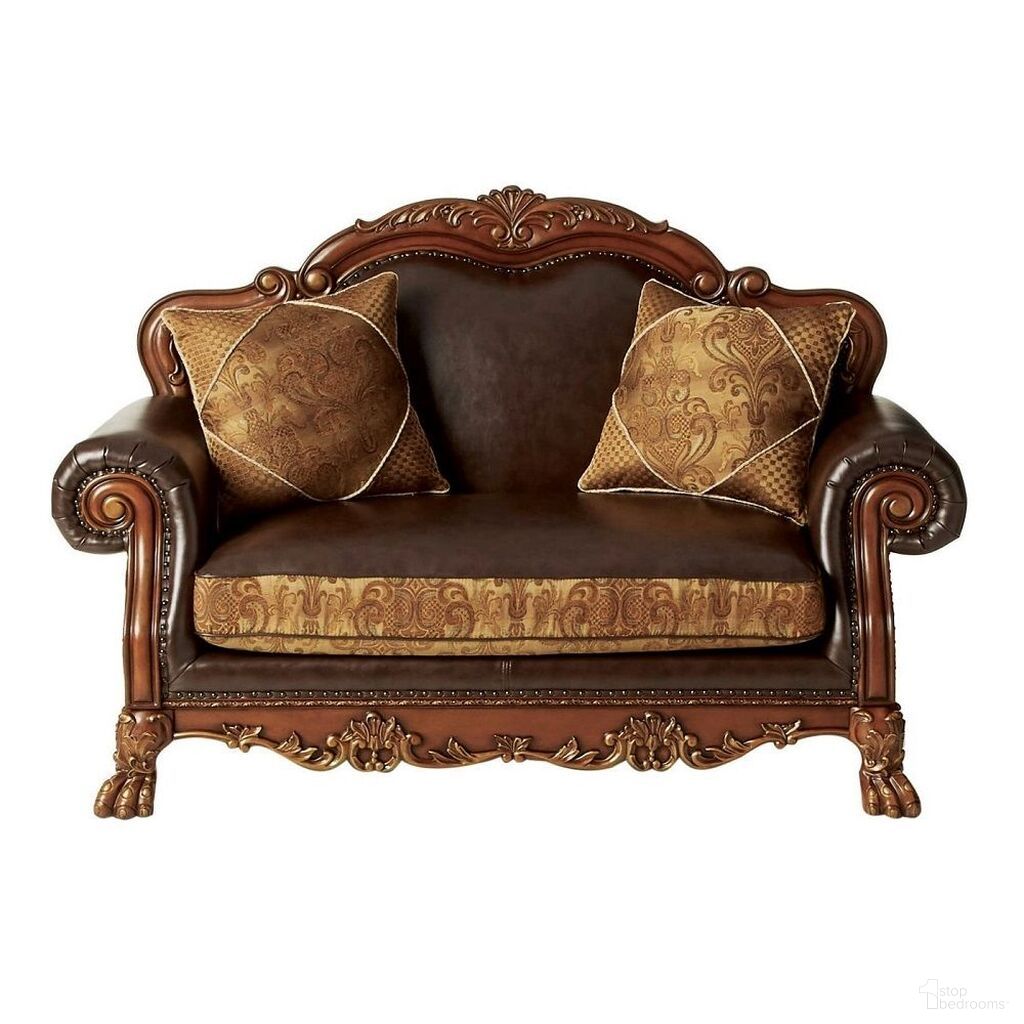 46 Inch Faux Leather Floral Tufted Arm Chair and Toss Pillow In Brown and Cherry Blossom Pink