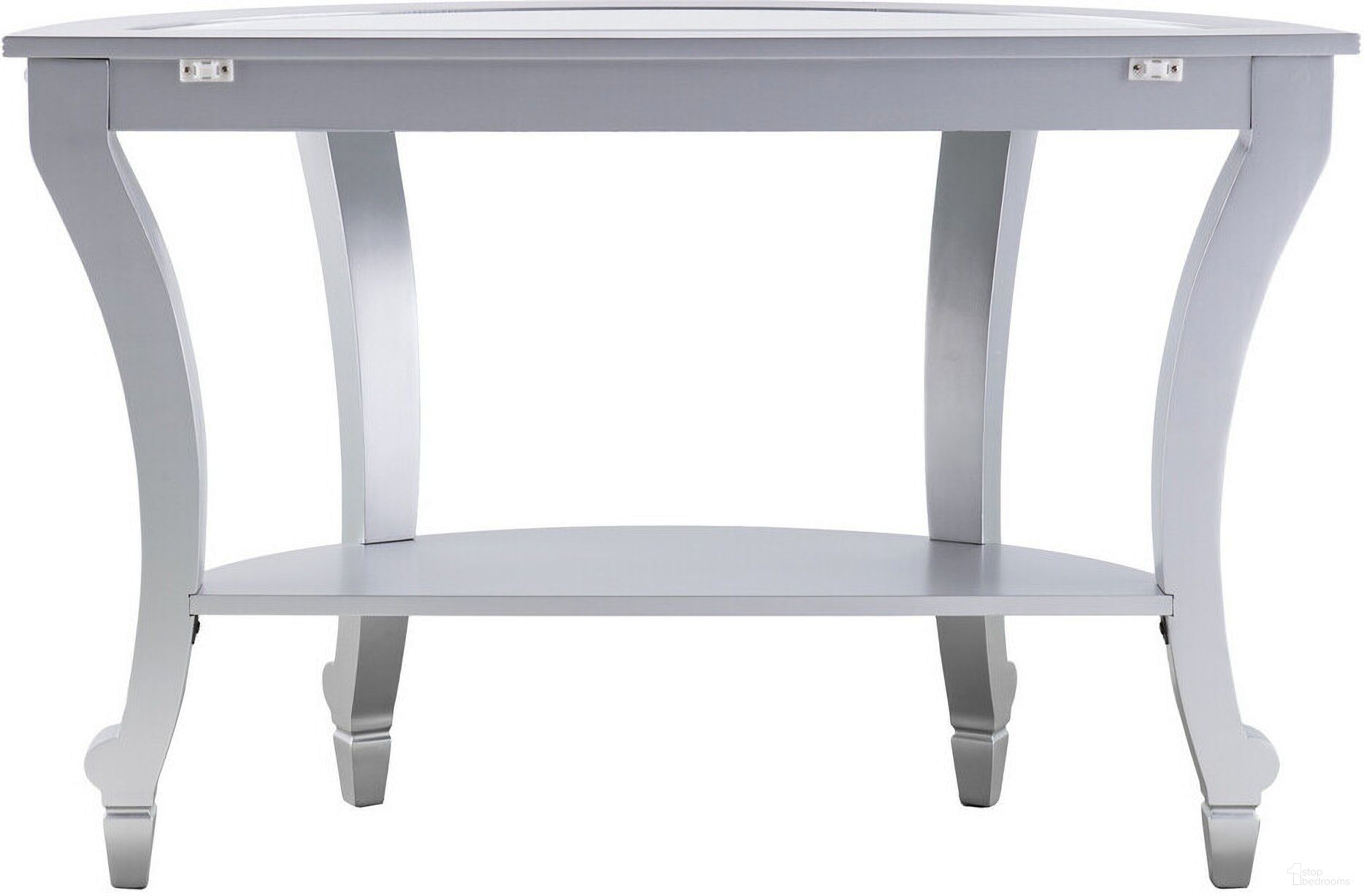 The appearance of 46 Inch Mirrored Glass Half Circle Console Table with Storage In Silver designed by Homeroots in the modern / contemporary interior design. This silver piece of furniture was selected by 1StopBedrooms from to add a touch of cosiness and style into your home. Sku: 402423. Material: Mirrored Glass.