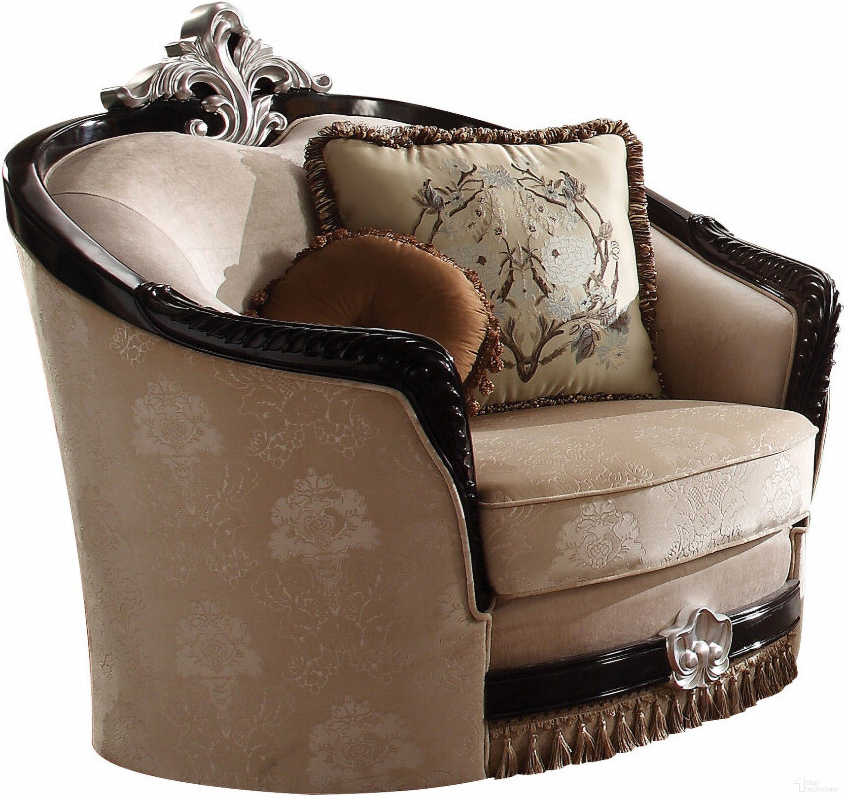 The appearance of 47 Inch Fabric Floral Arm Chair and Toss Pillows In Black and Tan designed by Homeroots in the transitional interior design. This black and tan piece of furniture  was selected by 1StopBedrooms from  to add a touch of cosiness and style into your home. Sku: 491106. Material: Fabric.