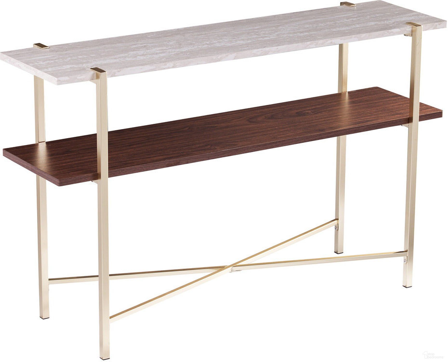 47 Inch Faux Marble Console Table with Shelf In White Brass and Brown