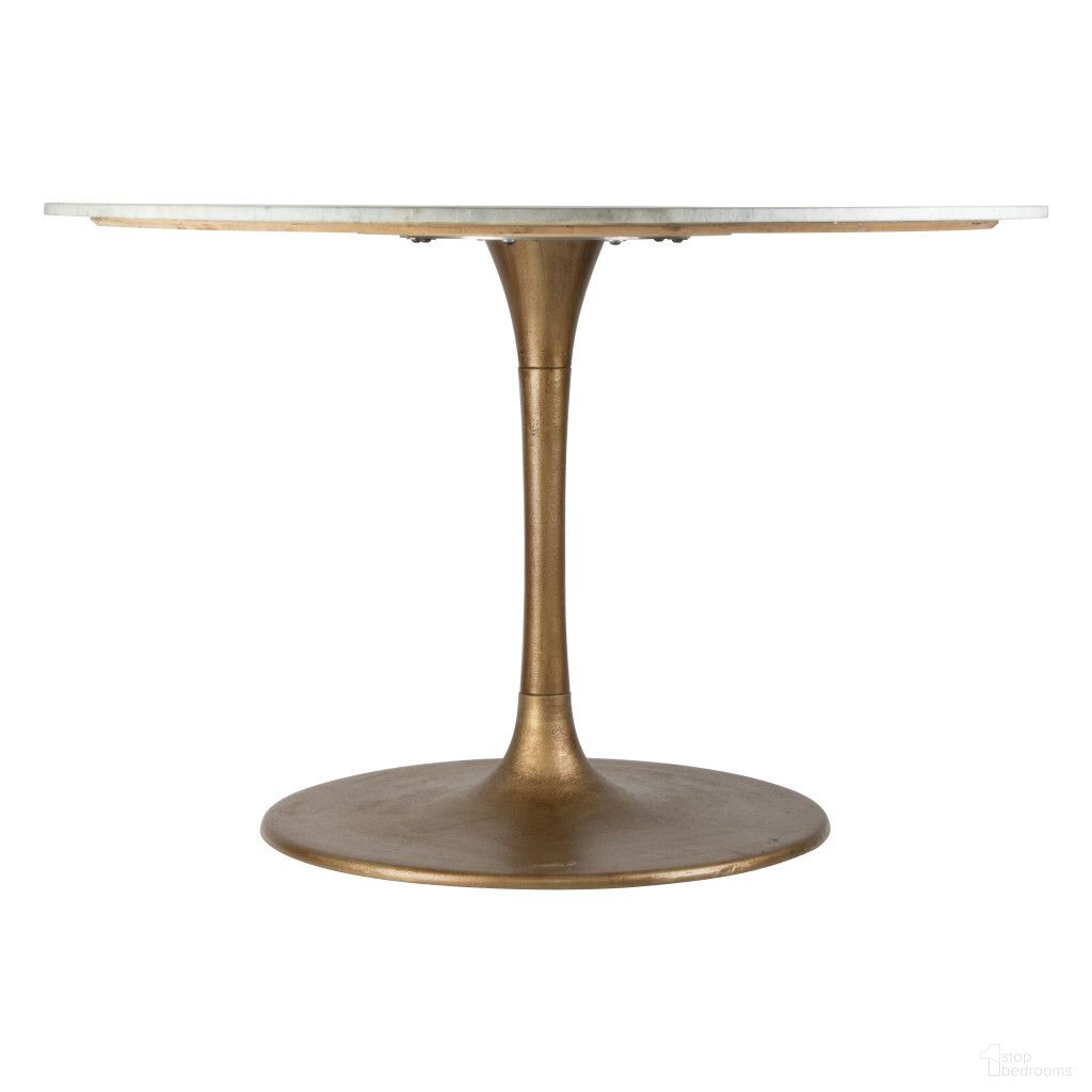 The appearance of 47 Inch Rounded Steel Pedestal Base Dining Table In White and Gold designed by Homeroots in the modern / contemporary interior design. This white and gold piece of furniture  was selected by 1StopBedrooms from  to add a touch of cosiness and style into your home. Sku: 394609. Table Base Style: Pedestal. Table Top Shape: Round. Material: Steel. Size: 47".