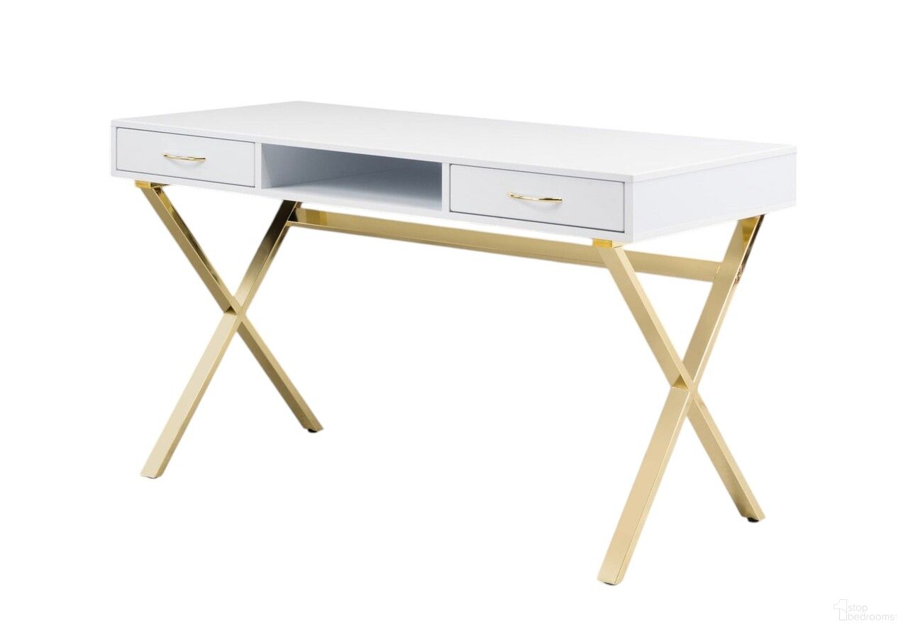 The appearance of 47 Inch Wood and Metal Computer Desk with Two Drawers In White and Gold designed by Homeroots in the modern / contemporary interior design. This white and gold piece of furniture was selected by 1StopBedrooms from to add a touch of cosiness and style into your home. Sku: 554208. Material: Metal.